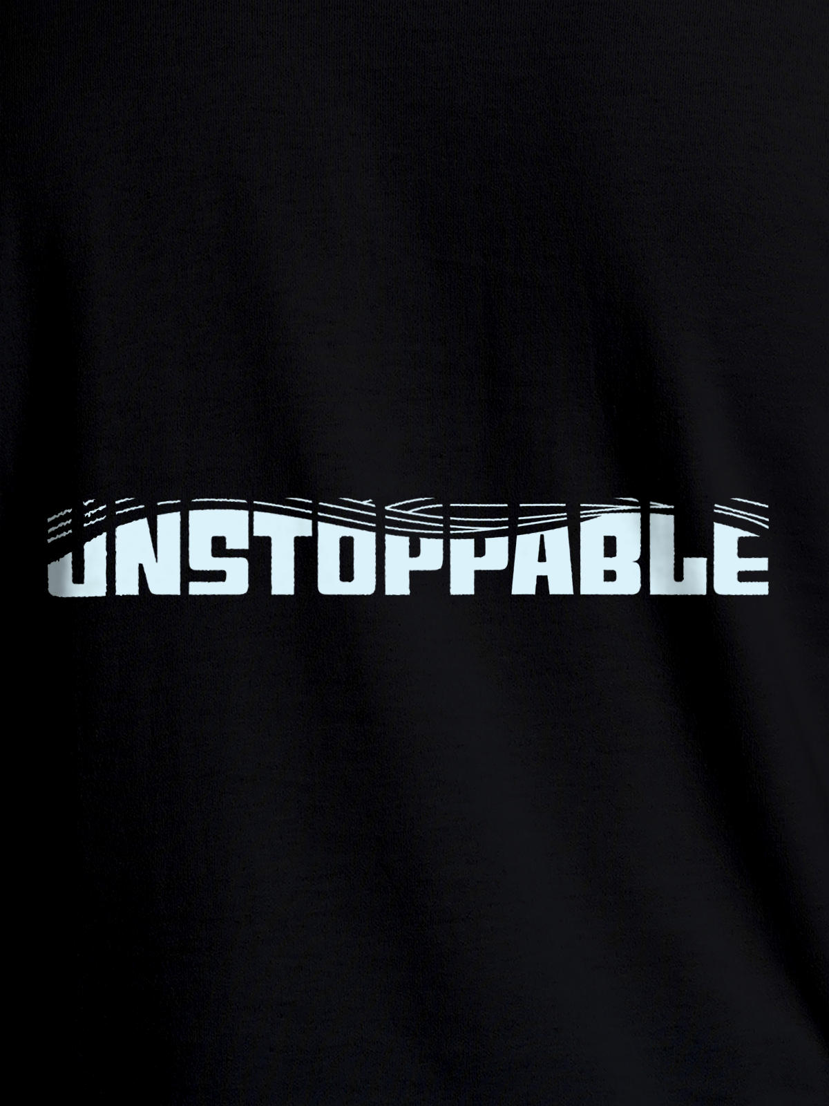 Close up of 'Unstoppable' design on Women's Black Round Neck T-shirt, highlighting intricate details and vibrant print.