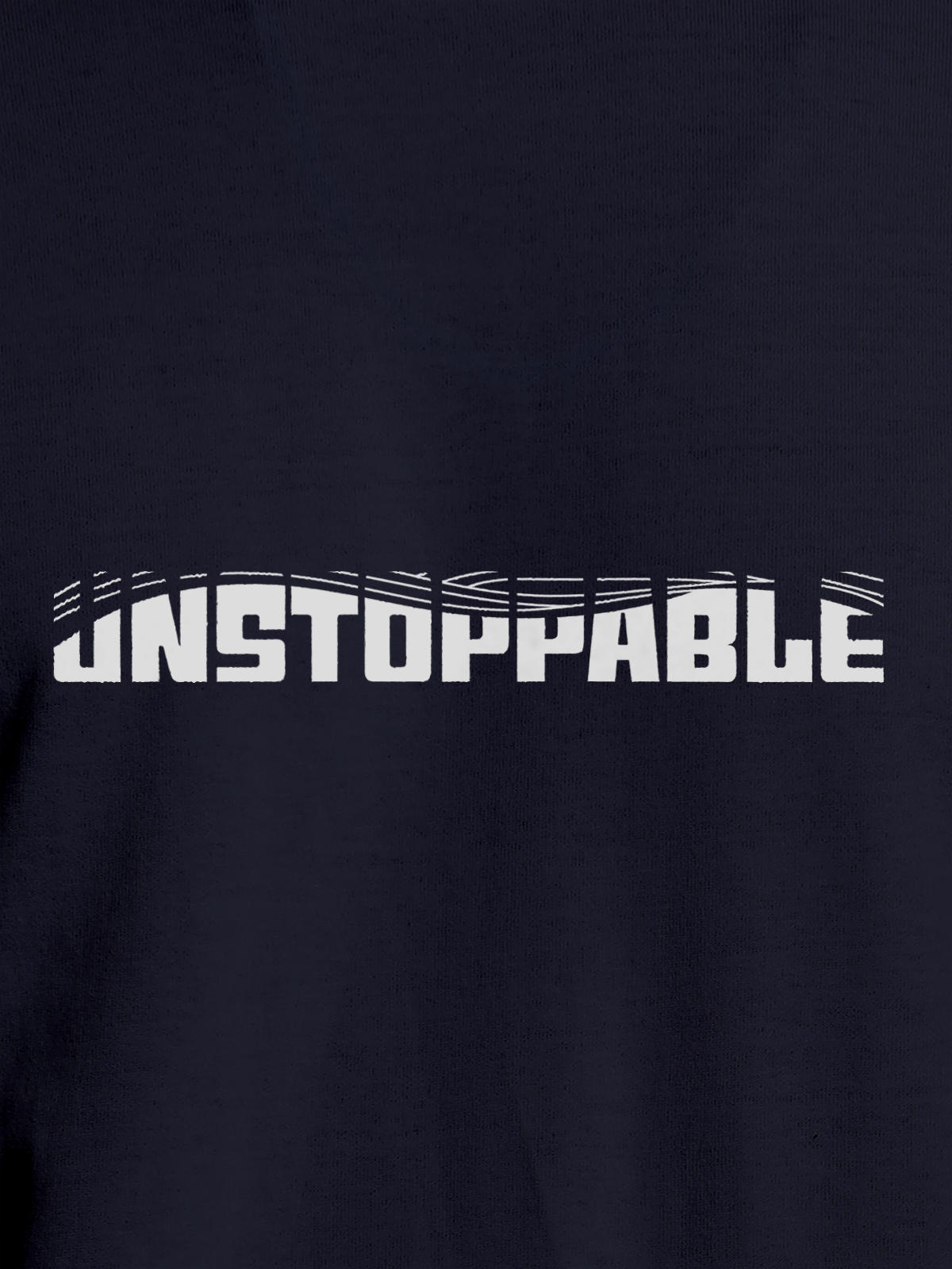 Close up of 'Unstoppable' design on Men's Navy Blue Round Neck T-shirt, highlighting intricate details and vibrant print.