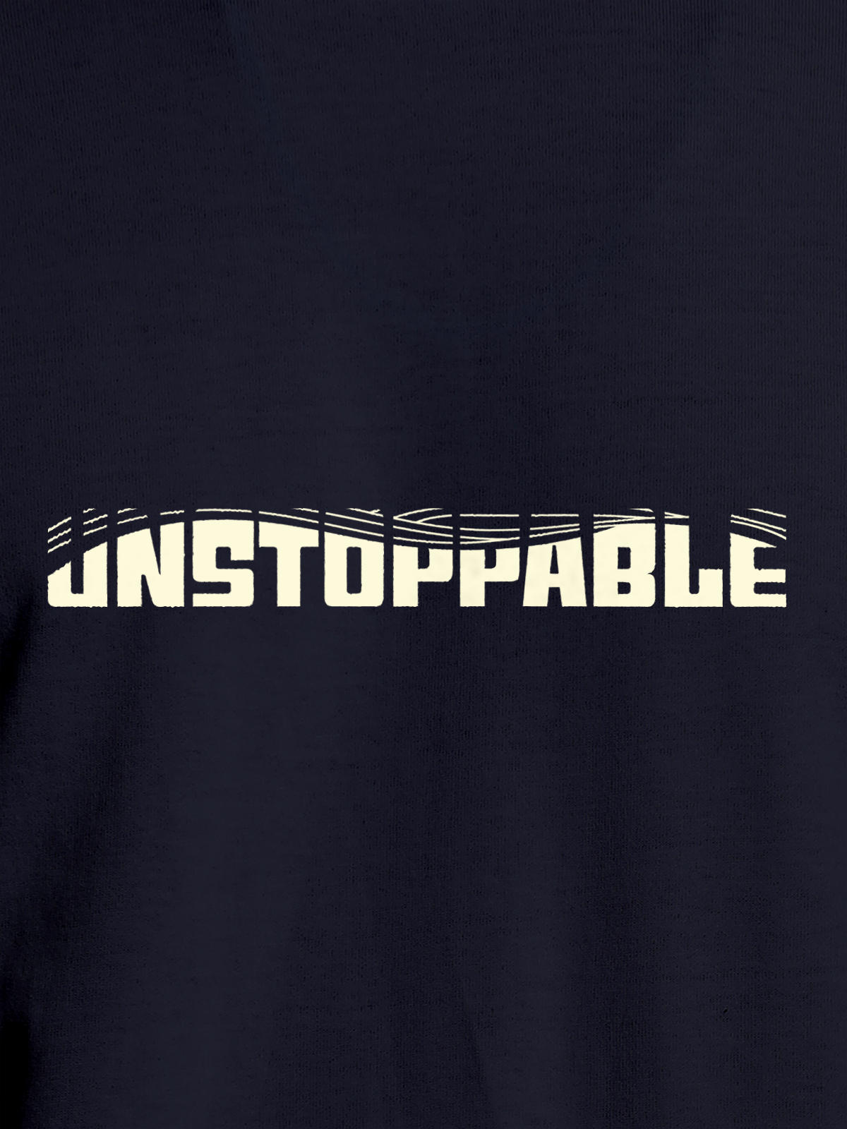 Close up of 'Unstoppable' design on Men's Navy Blue Round Neck T-shirt, highlighting intricate details and vibrant print.