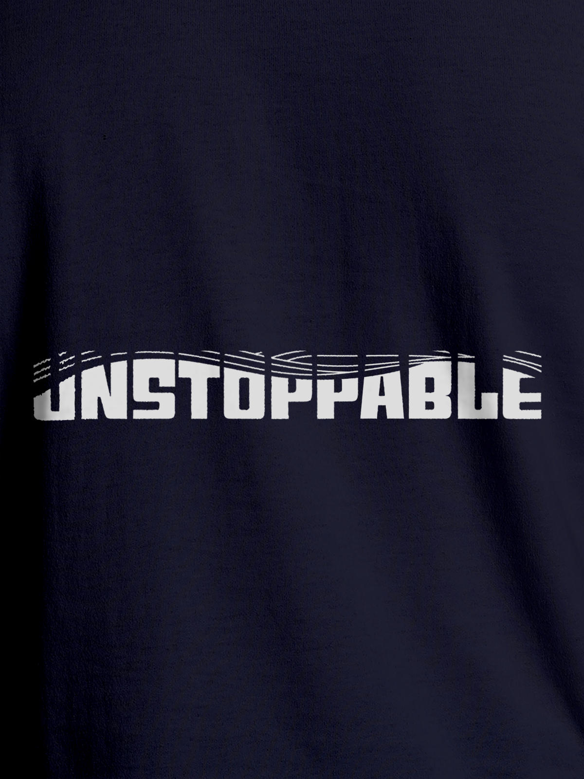 Close up of 'Unstoppable' design on Women's Navy Blue Round Neck T-shirt, highlighting intricate details and vibrant print.