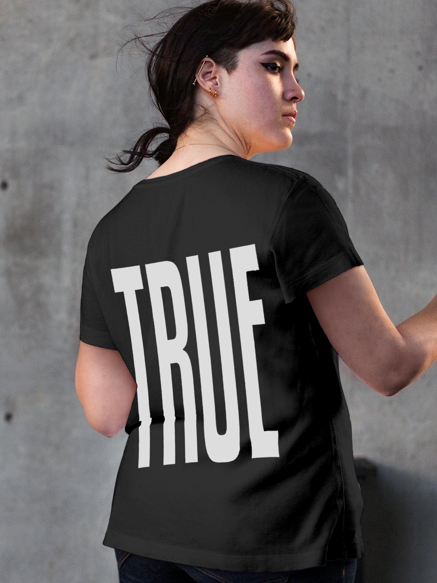 Model wearing Women's Dark Grey Round Neck T-shirt with 'Truth' design, offering effortless style and premium comfort