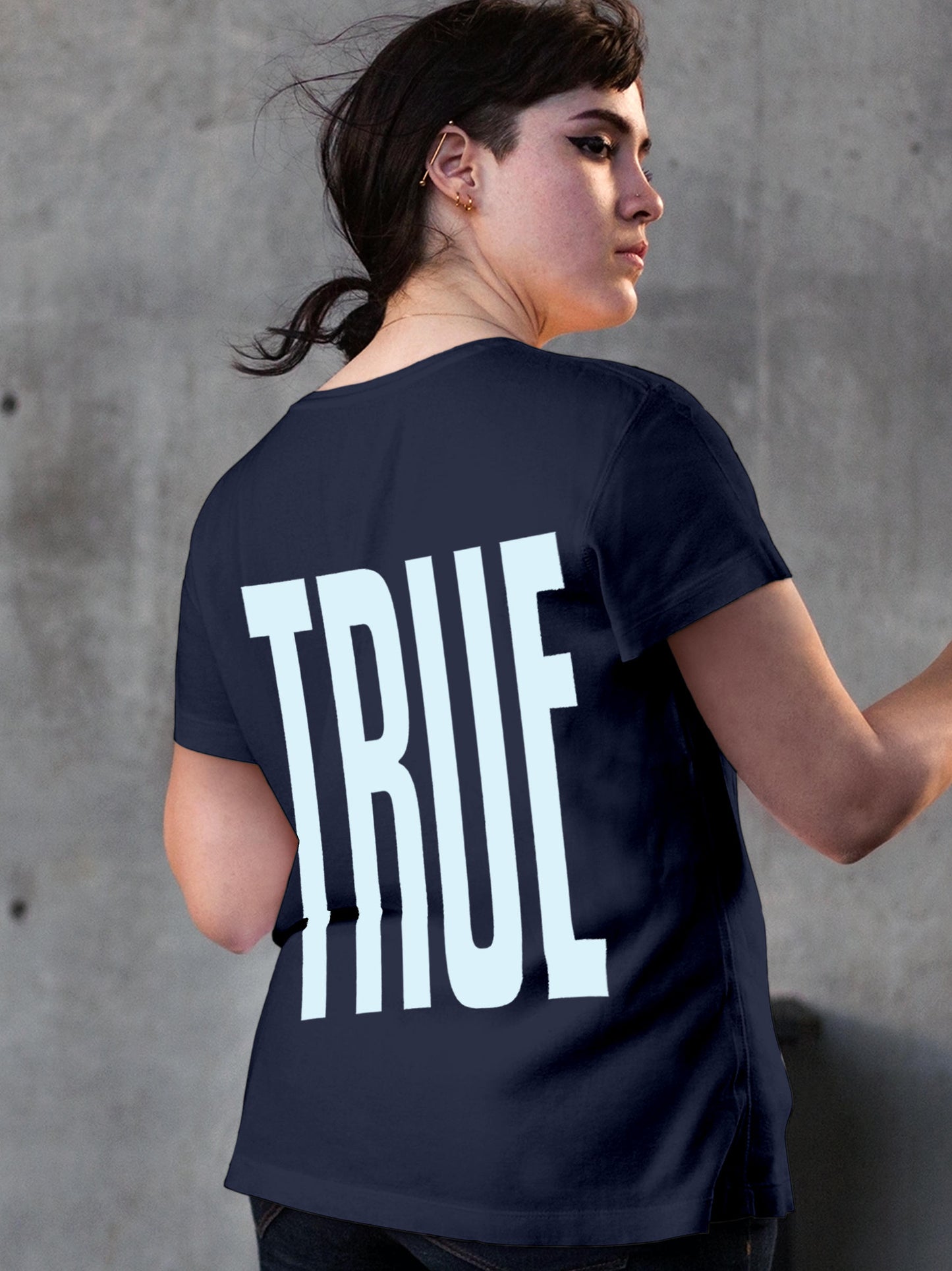 Model wearing Women's Navy Blue Round Neck T-shirt with 'Truth' design, offering effortless style and premium comfort