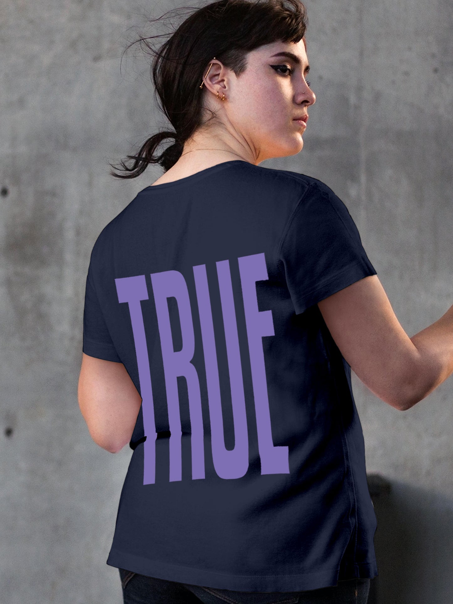 Model wearing Women's Navy Blue Round Neck T-shirt with 'Truth' design, offering effortless style and premium comfort
