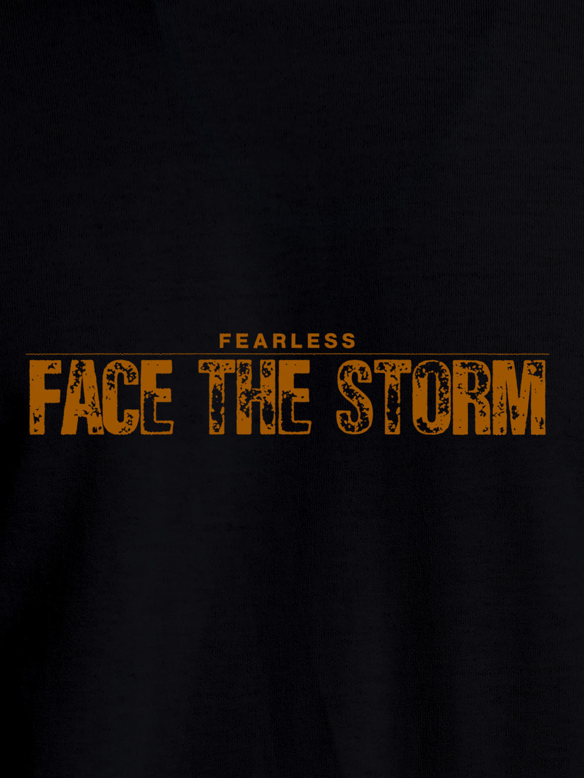 Close up of 'Fearless. Face the Storm' design on Men's Black Round Neck T-shirt, highlighting intricate details and vibrant print.