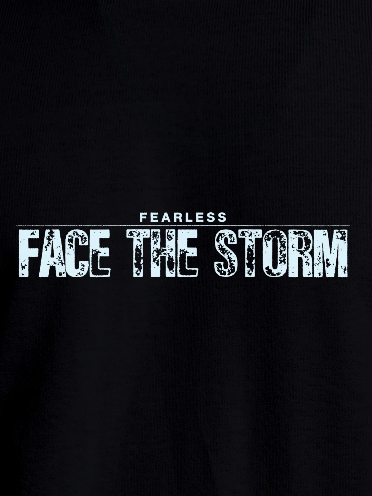 Close up of 'Fearless. Face the Storm' design on Men's Black Round Neck T-shirt, highlighting intricate details and vibrant print.
