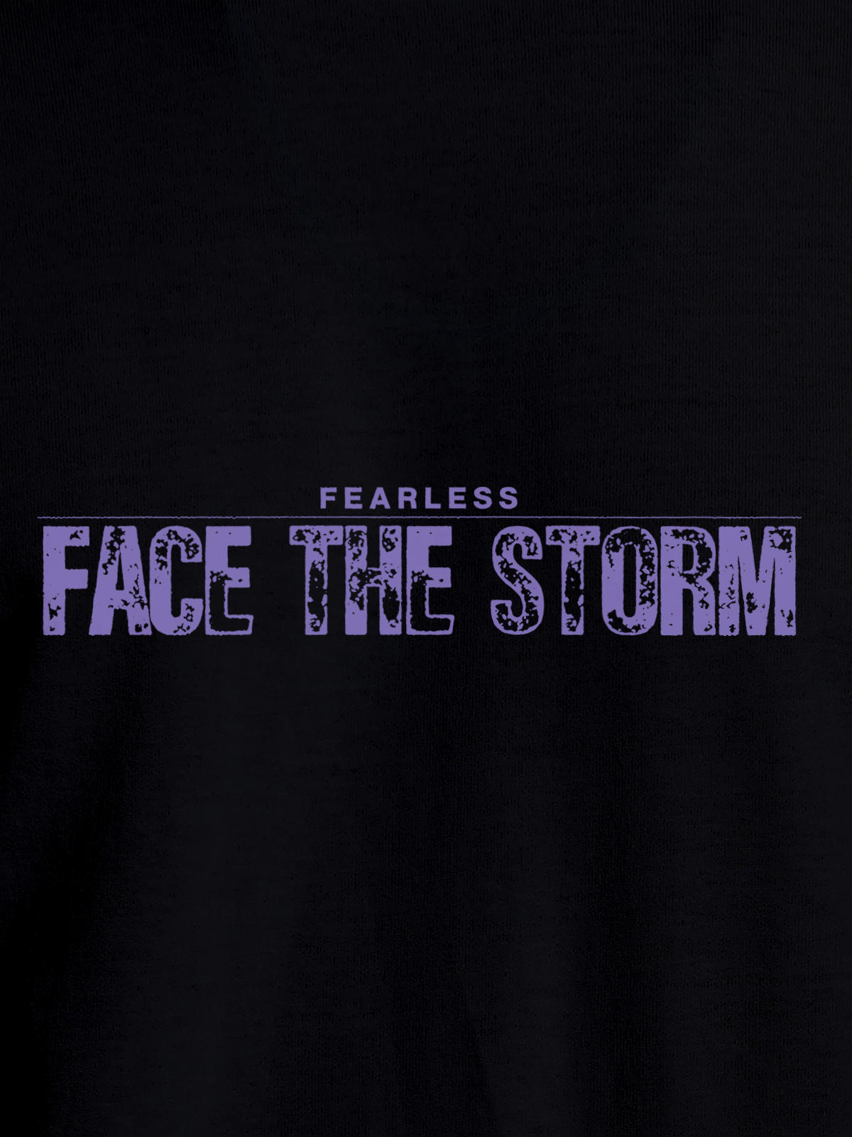 Close up of 'Fearless. Face the Storm' design on Men's Black Round Neck T-shirt, highlighting intricate details and vibrant print.