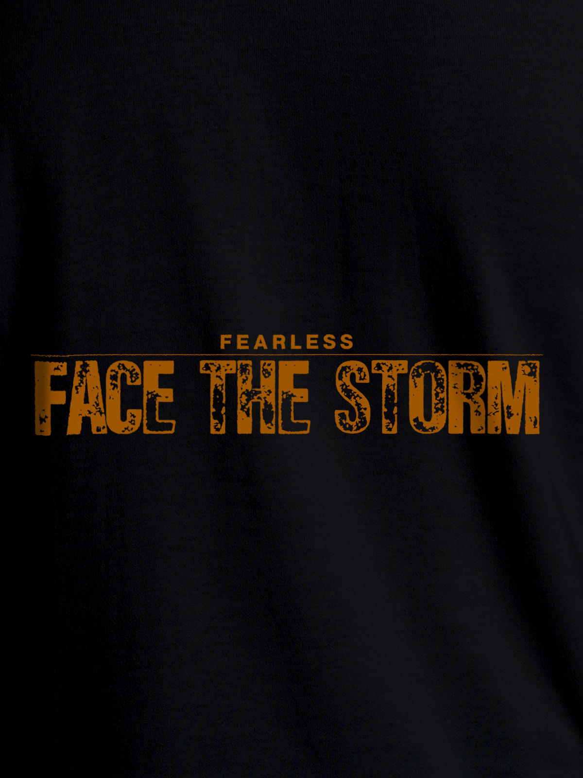 Close up of 'Fearless. Face the Storm' design on Women's Black Round Neck T-shirt, highlighting intricate details and vibrant print.