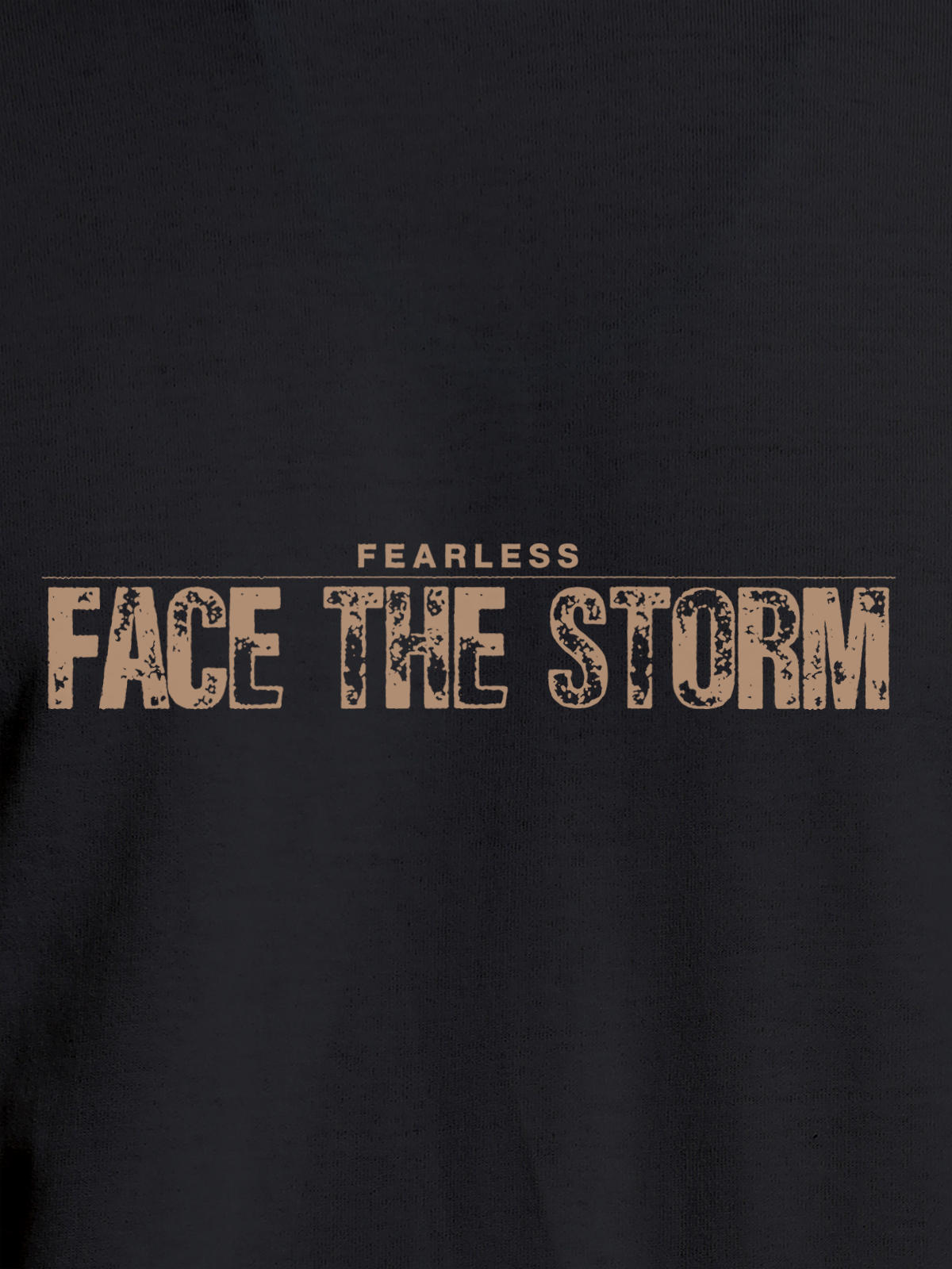 Close up of 'Fearless. Face the Storm' design on Men's Dark Grey Round Neck T-shirt, highlighting intricate details and vibrant print.