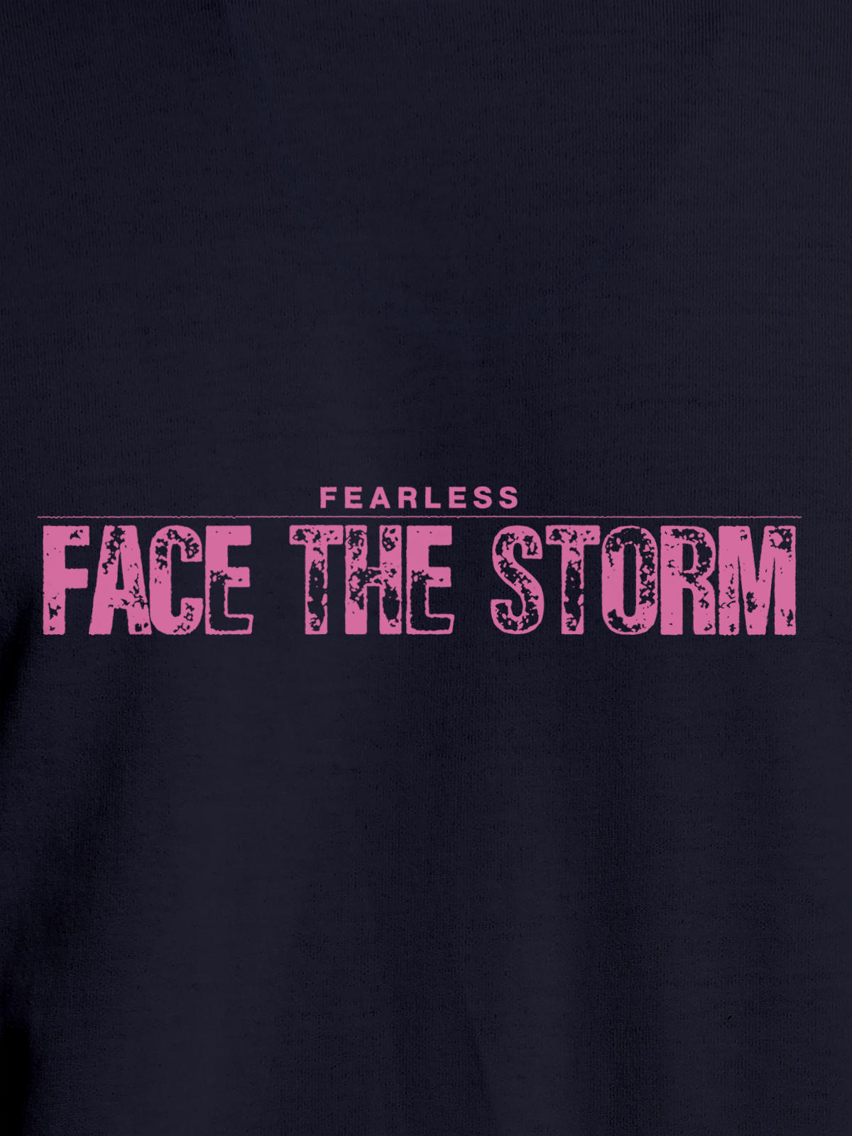 Close up of 'Fearless. Face the Storm' design on Men's Navy Blue Round Neck T-shirt, highlighting intricate details and vibrant print.