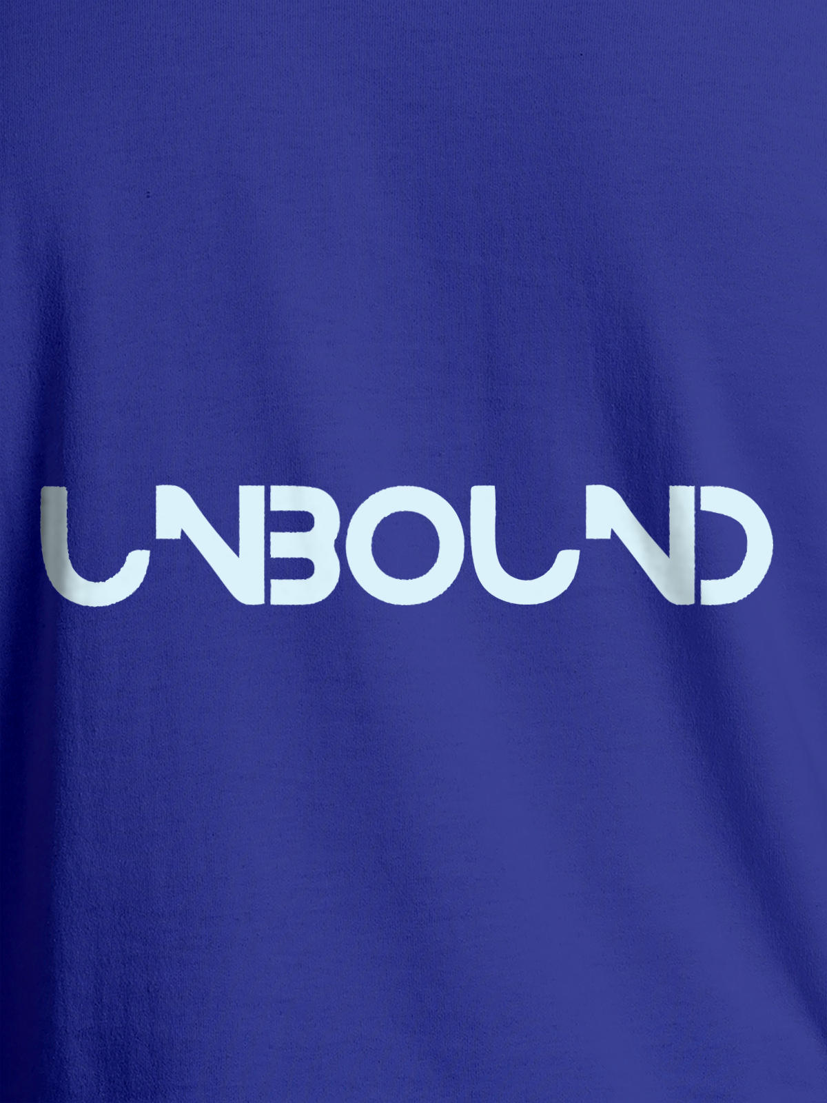 Close up of 'Unbound' design on Men's Blue Round Neck T-shirt, highlighting intricate details and vibrant print.