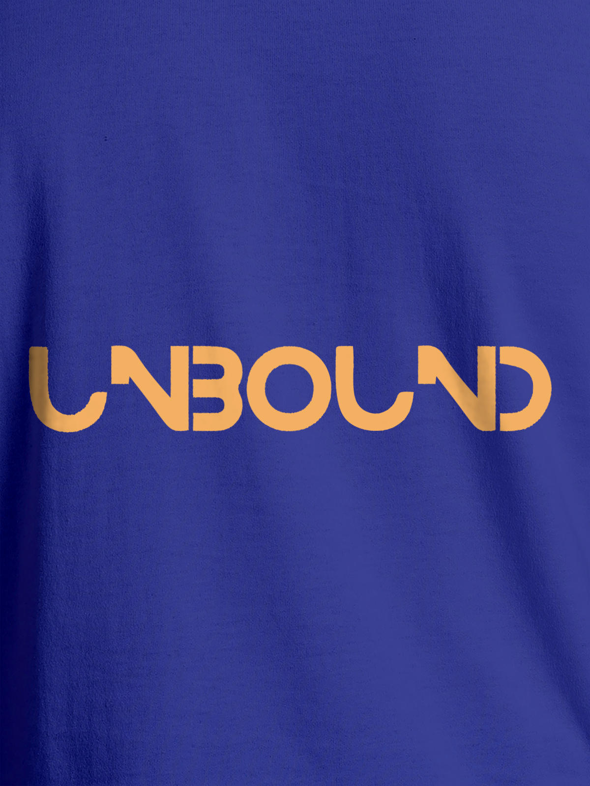 Close up of 'Unbound' design on Men's Blue Round Neck T-shirt, highlighting intricate details and vibrant print.