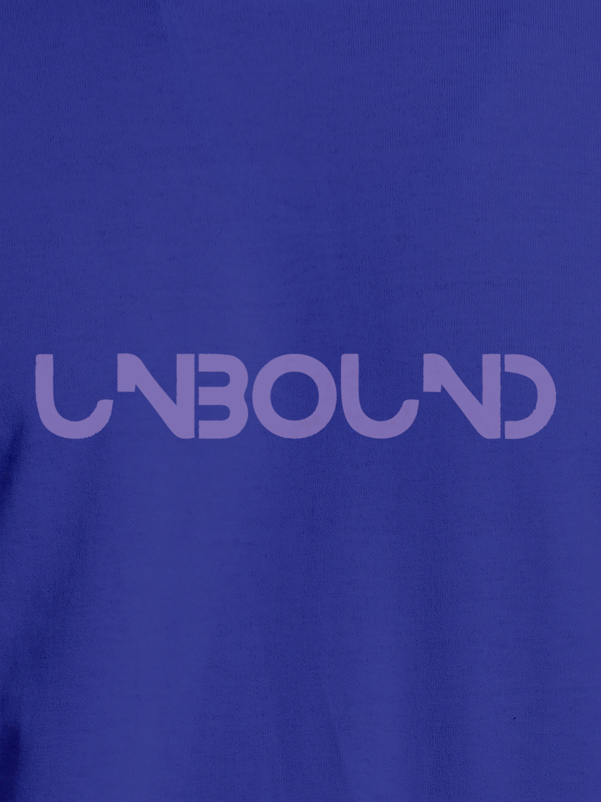Close up of 'Unbound' design on Women's Blue Round Neck T-shirt, highlighting intricate details and vibrant print.