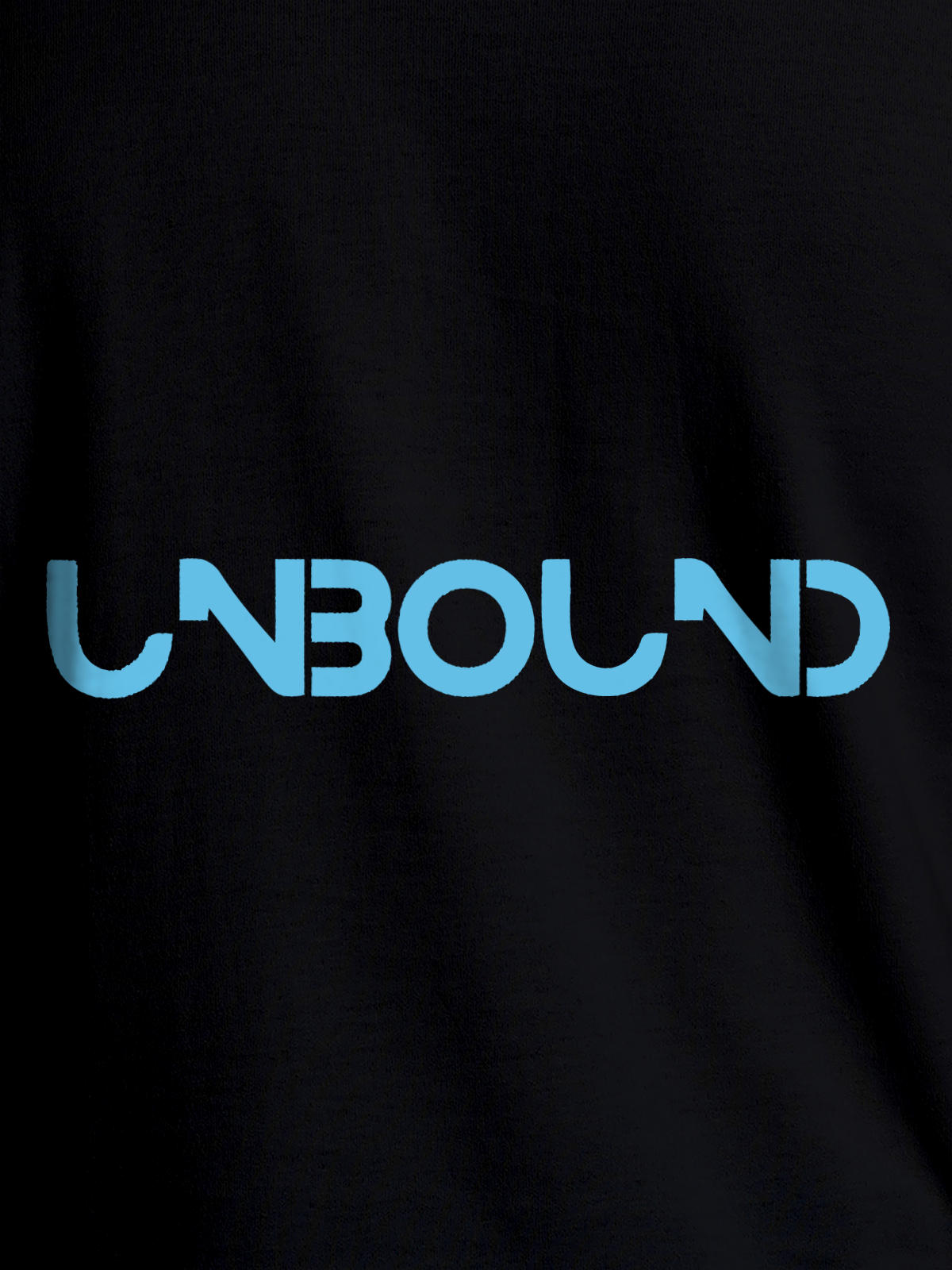 Close up of 'Unbound' design on Men's Black Round Neck T-shirt, highlighting intricate details and vibrant print.