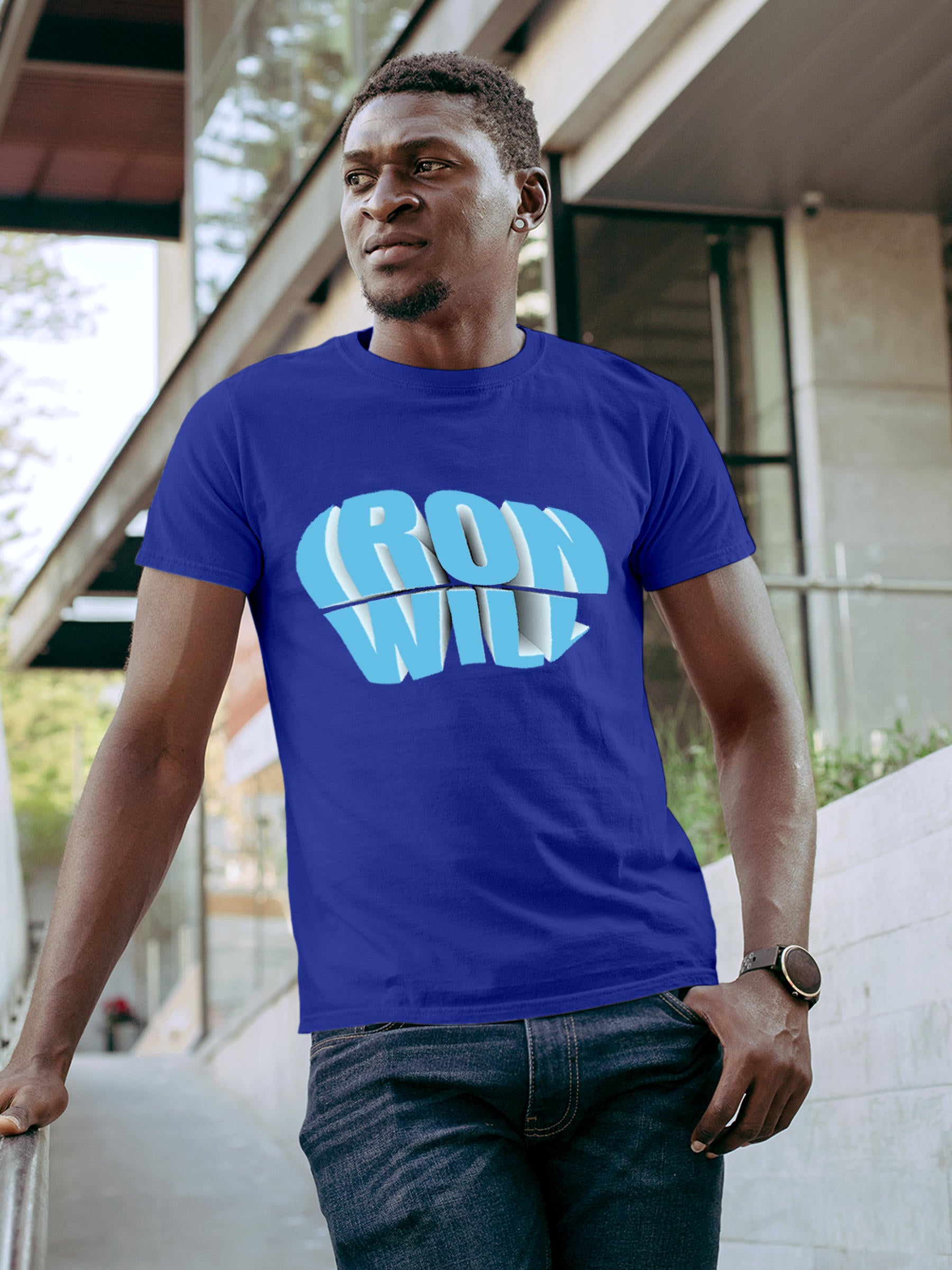 Model wearing Men's Blue Round Neck T-shirt with 'Iron Will' design, offering effortless style and premium comfort
