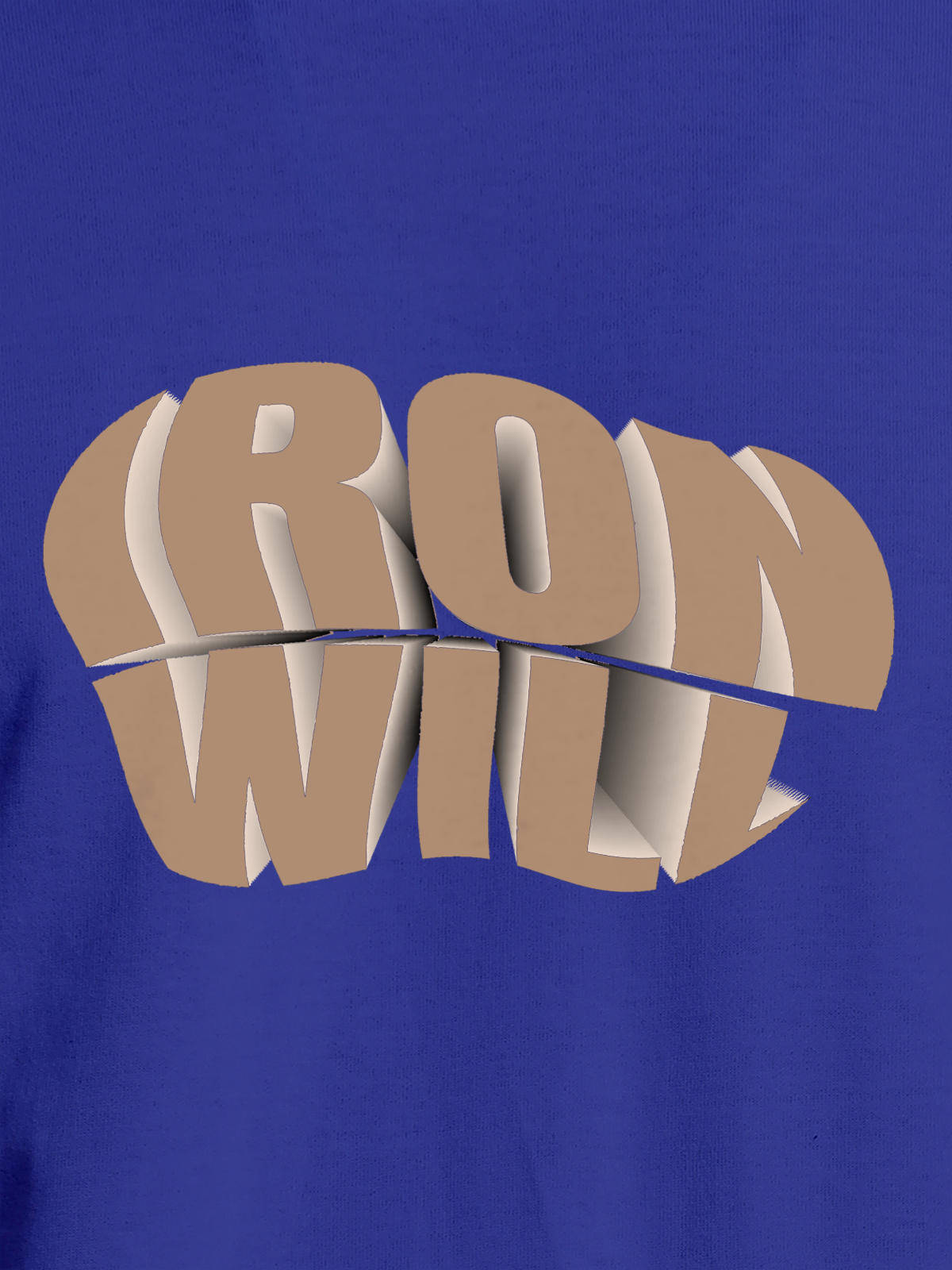 Close up of 'Iron Will' design on Men's Blue Round Neck T-shirt, highlighting intricate details and vibrant print.
