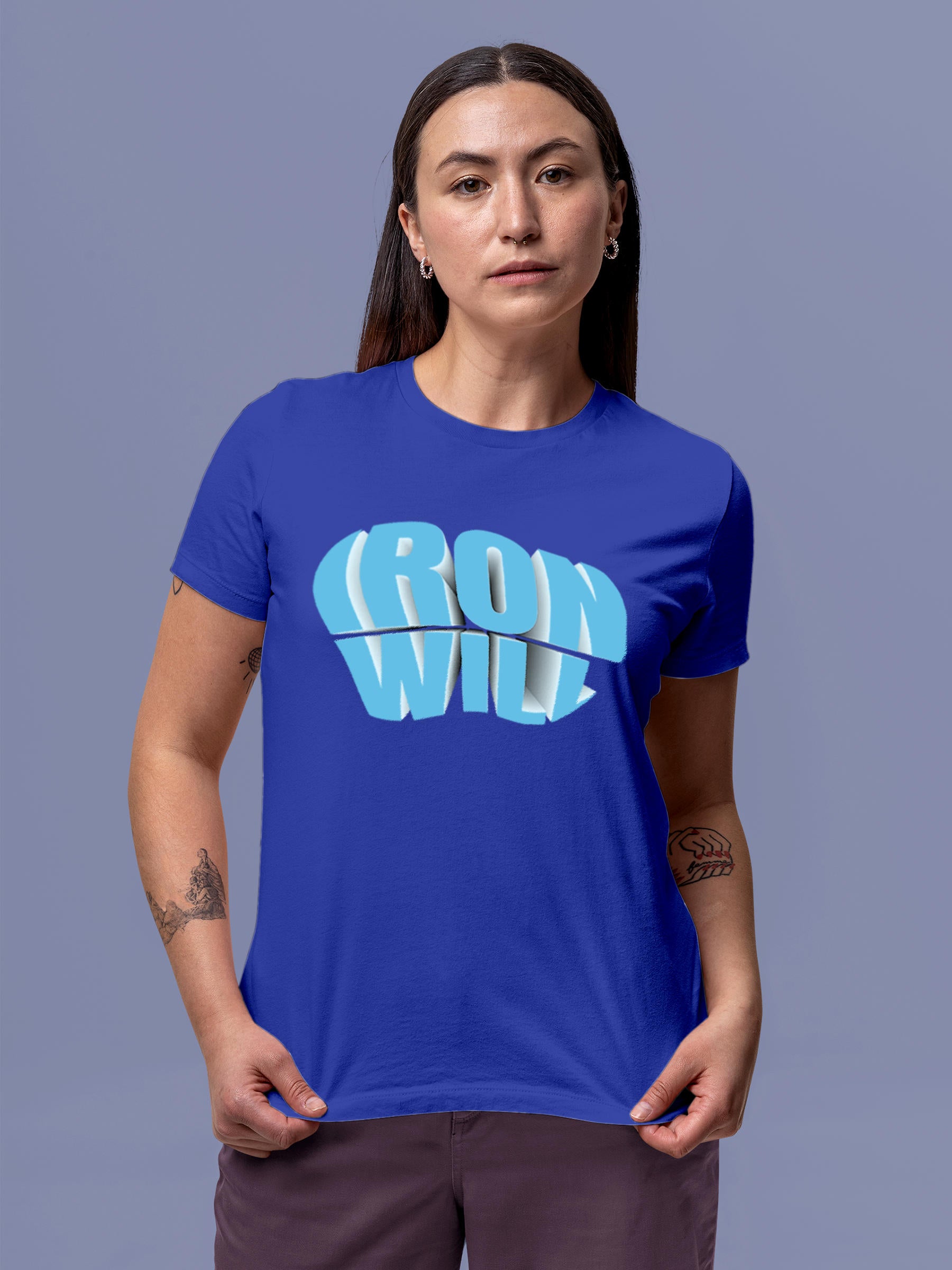 Model wearing Women's Blue Round Neck T-shirt with 'Iron Will' design, offering effortless style and premium comfort