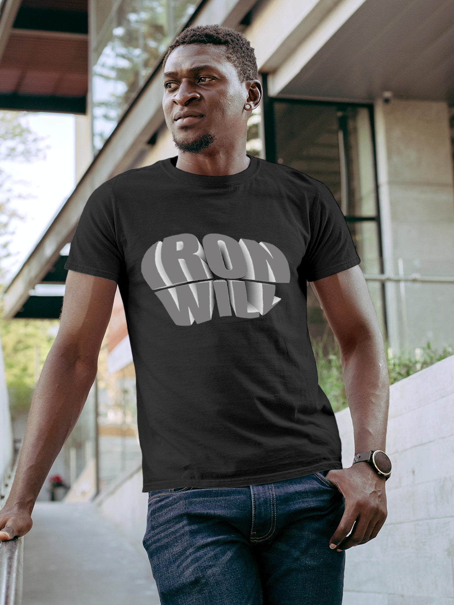 Model wearing Men's Dark Grey Round Neck T-shirt with 'Iron Will' design, offering effortless style and premium comfort