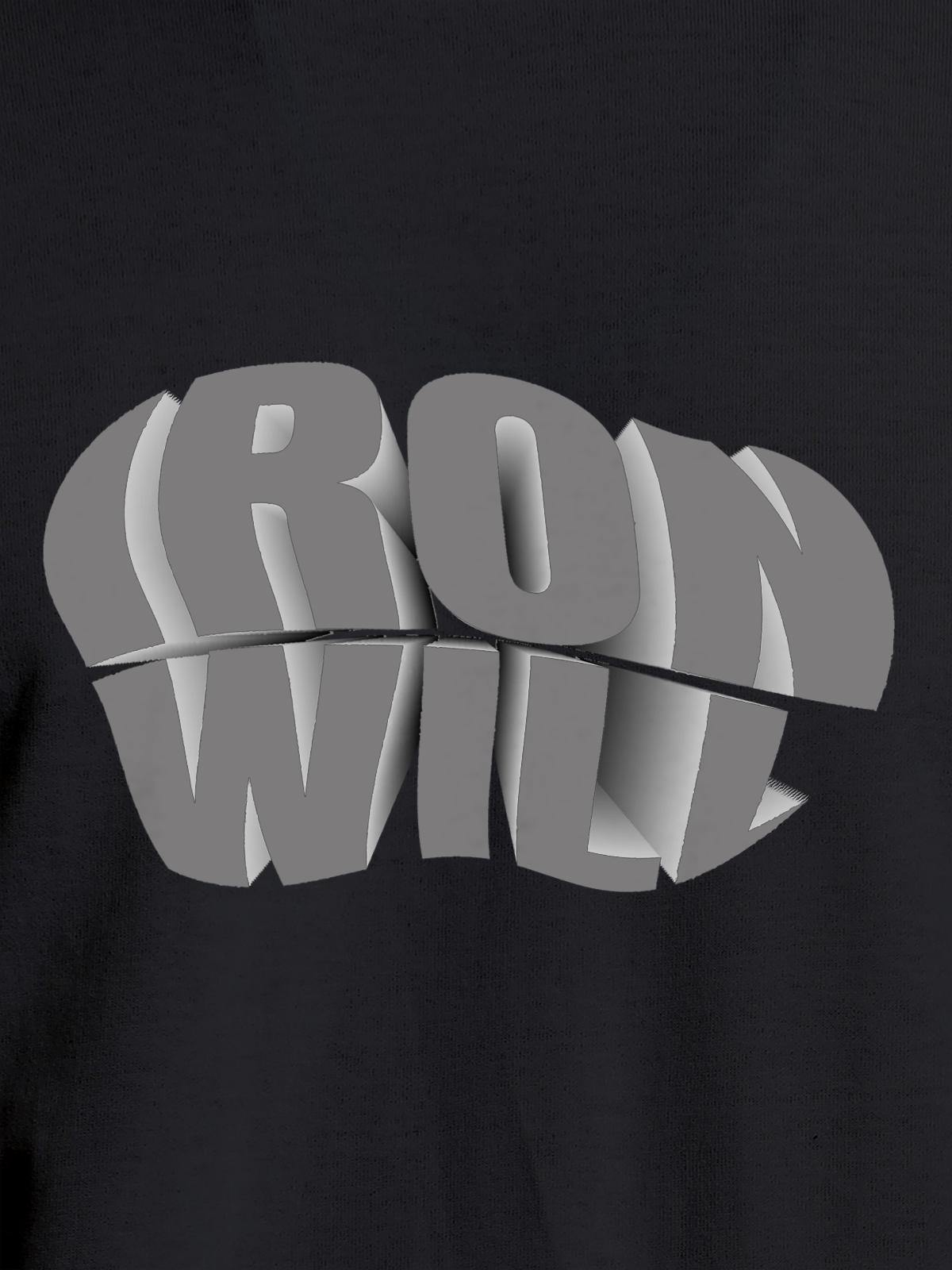 Close up of 'Iron Will' design on Men's Dark Grey Round Neck T-shirt, highlighting intricate details and vibrant print.