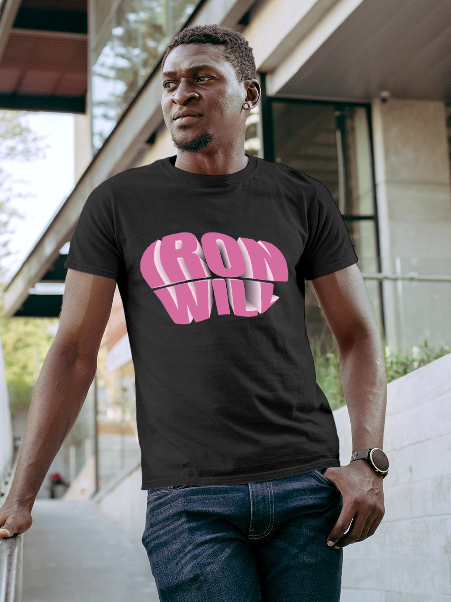 Model wearing Men's Dark Grey Round Neck T-shirt with 'Iron Will' design, offering effortless style and premium comfort