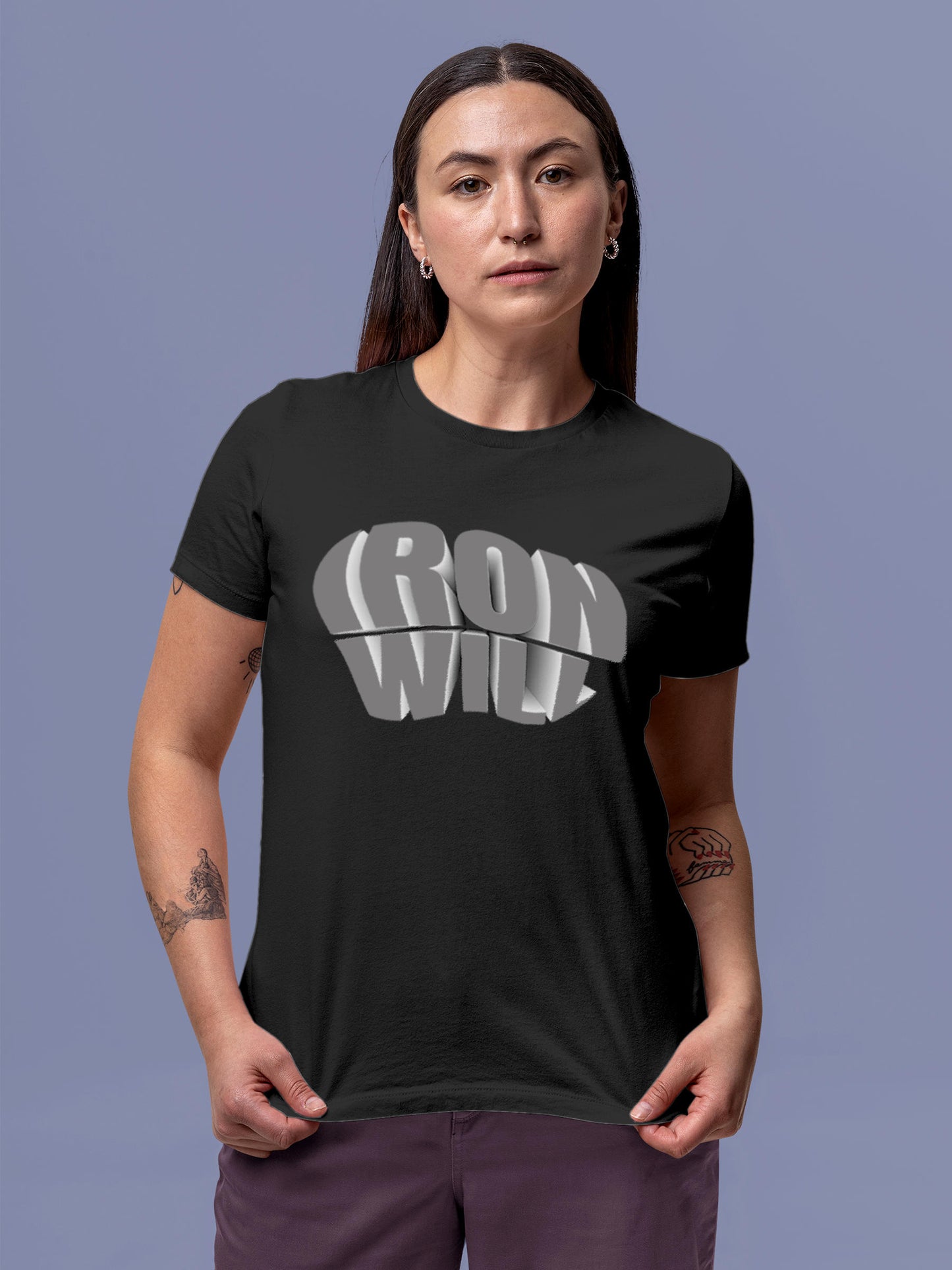 Model wearing Women's Dark Grey Round Neck T-shirt with 'Iron Will' design, offering effortless style and premium comfort