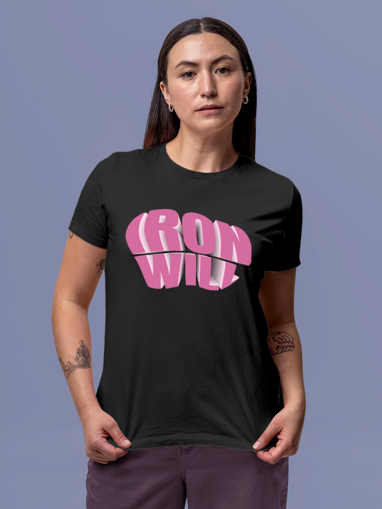 Model wearing Women's Dark Grey Round Neck T-shirt with 'Iron Will' design, offering effortless style and premium comfort