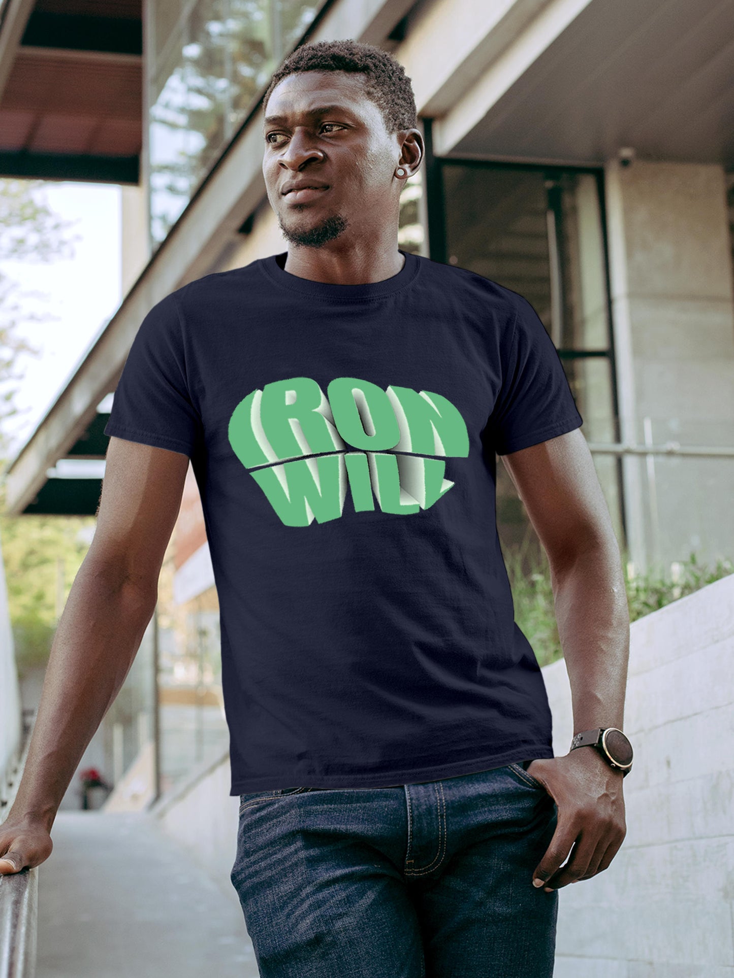 Model wearing Men's Navy Blue Round Neck T-shirt with 'Iron Will' design, offering effortless style and premium comfort