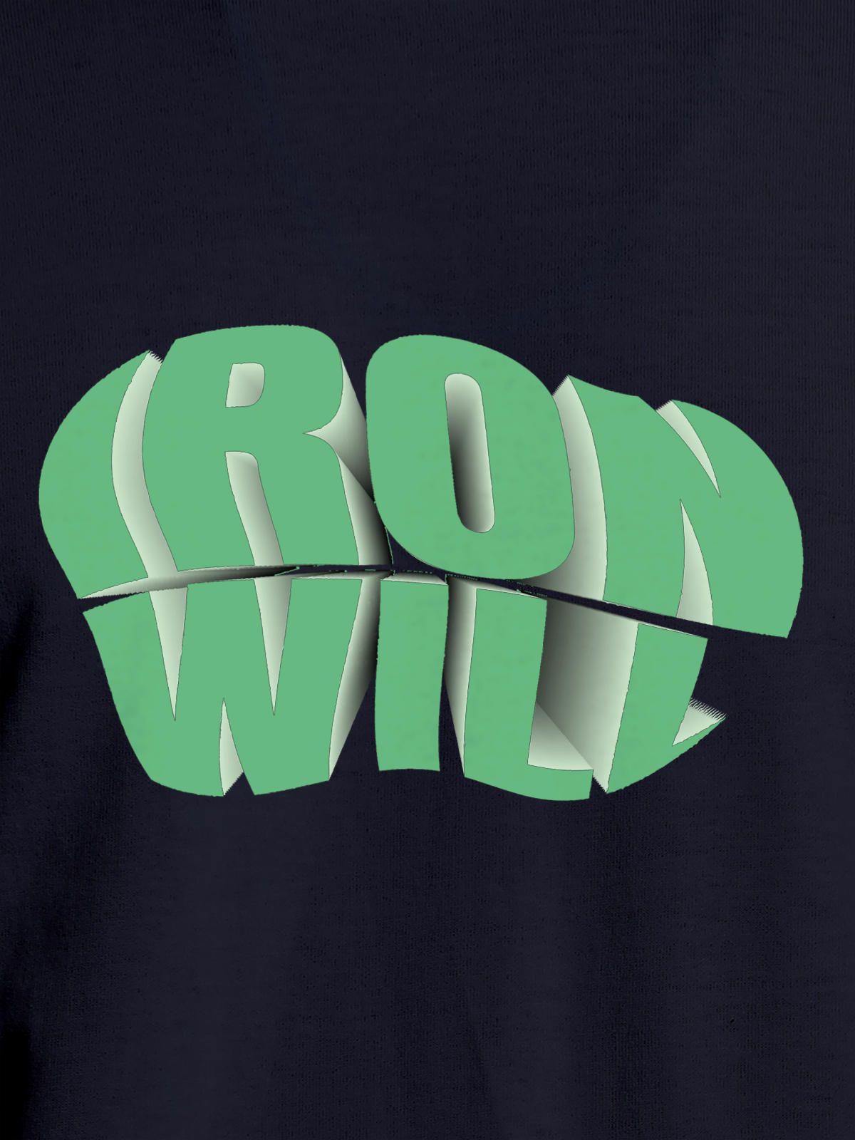 Close up of 'Iron Will' design on Men's Navy Blue Round Neck T-shirt, highlighting intricate details and vibrant print.