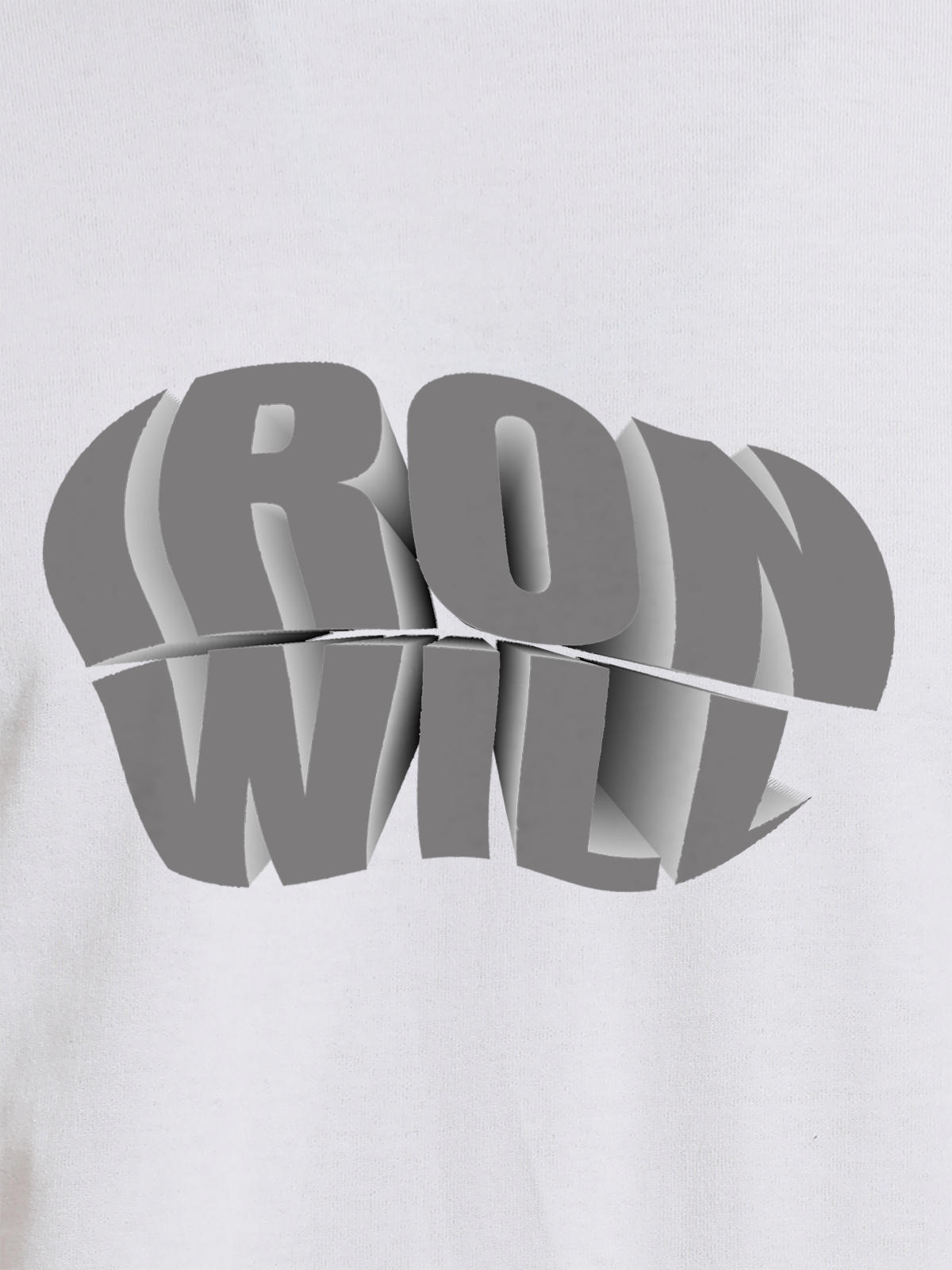 Close up of 'Iron Will' design on Men's White Round Neck T-shirt, highlighting intricate details and vibrant print.