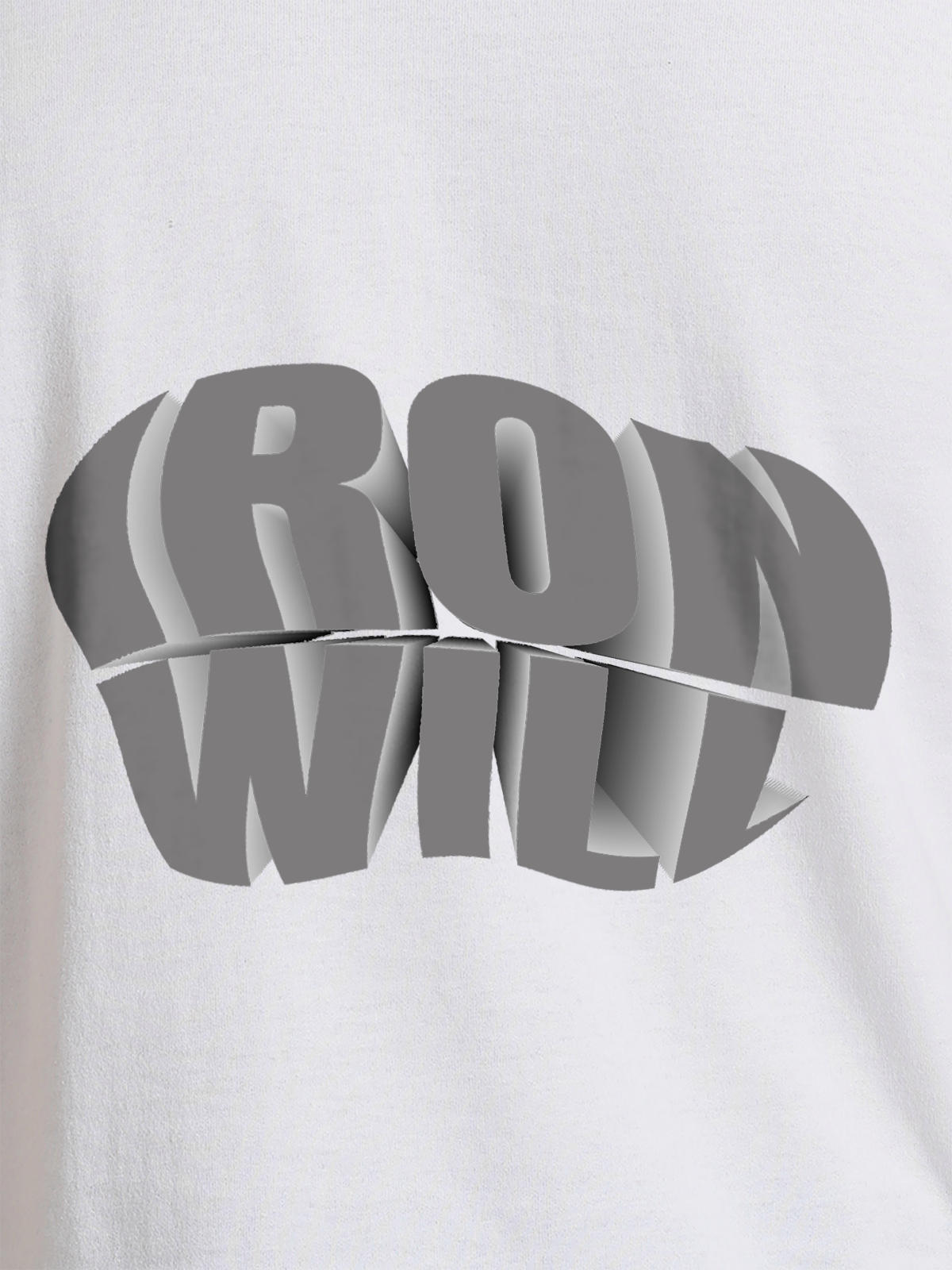 Close up of 'Iron Will' design on Women's White Round Neck T-shirt, highlighting intricate details and vibrant print.