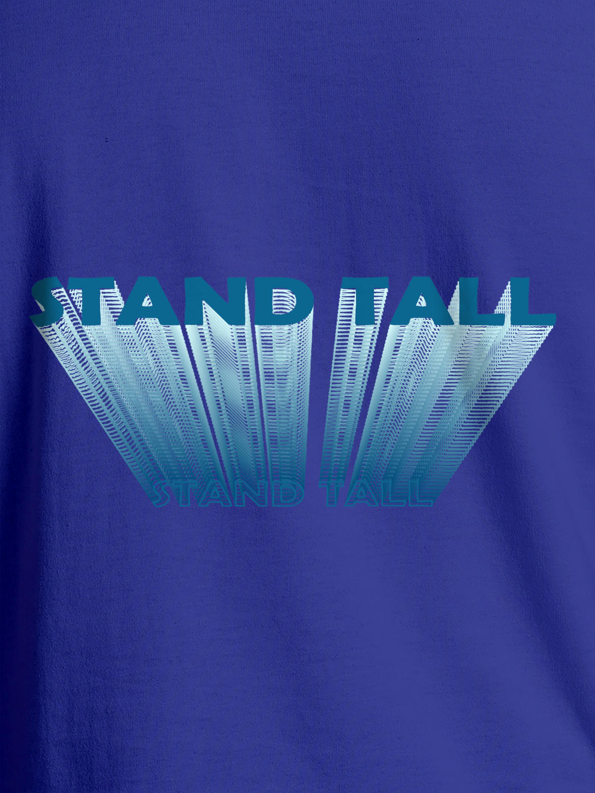 Close up of 'Stand Tall' design on Men's Blue Round Neck T-shirt, highlighting intricate details and vibrant print.