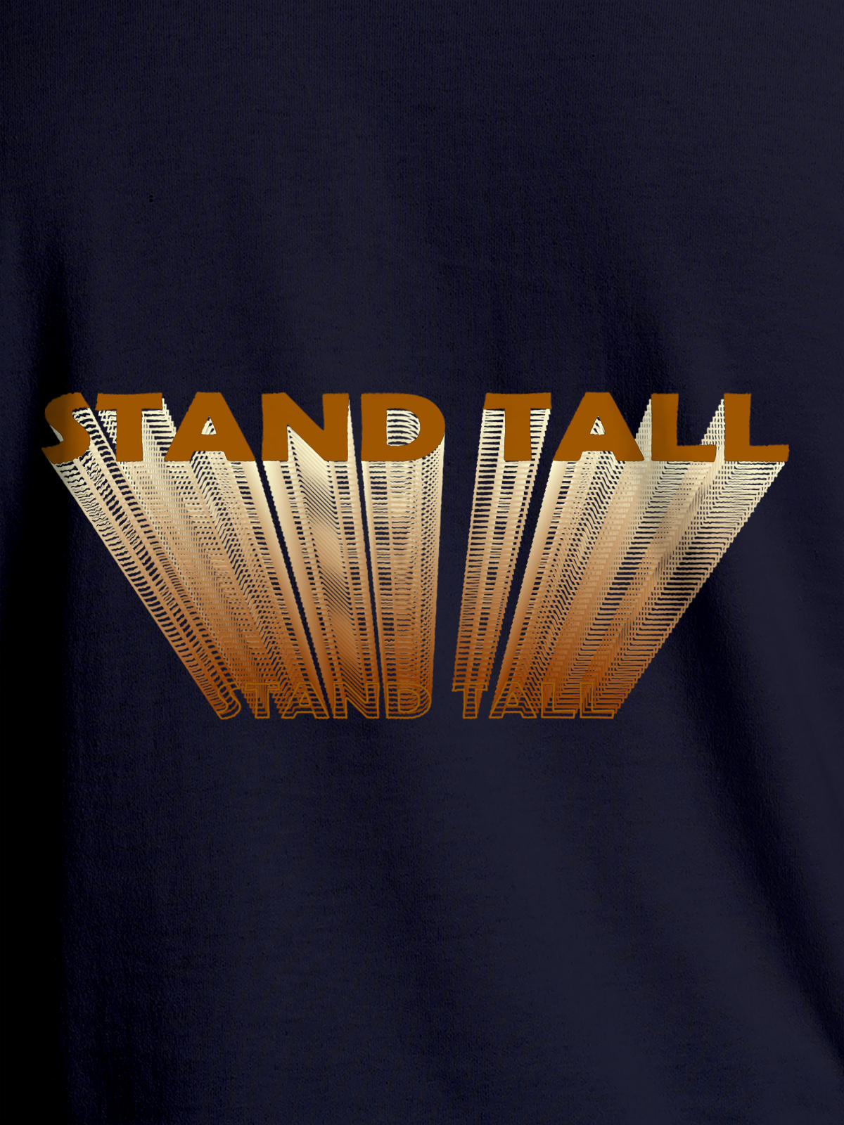 Close up of 'Stand Tall' design on Men's Navy Blue Round Neck T-shirt, highlighting intricate details and vibrant print.