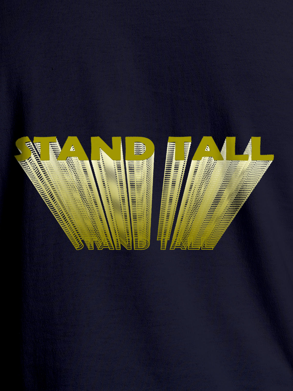 Close up of 'Stand Tall' design on Men's Navy Blue Round Neck T-shirt, highlighting intricate details and vibrant print.