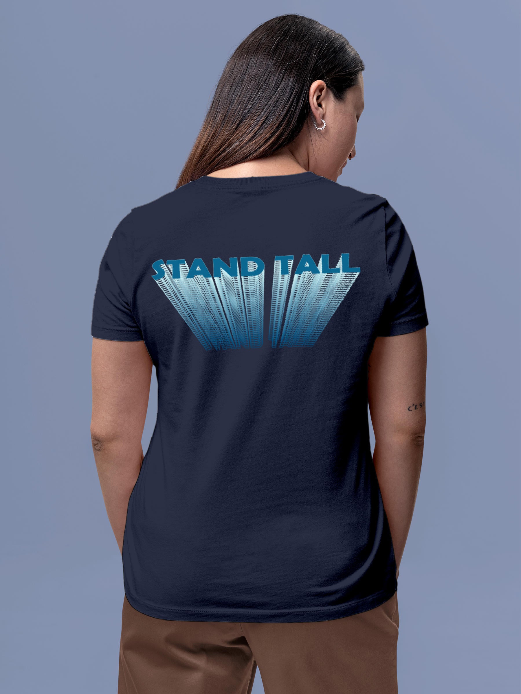 Model wearing Women's Navy Blue Round Neck T-shirt with 'Stand Tall' design, offering effortless style and premium comfort