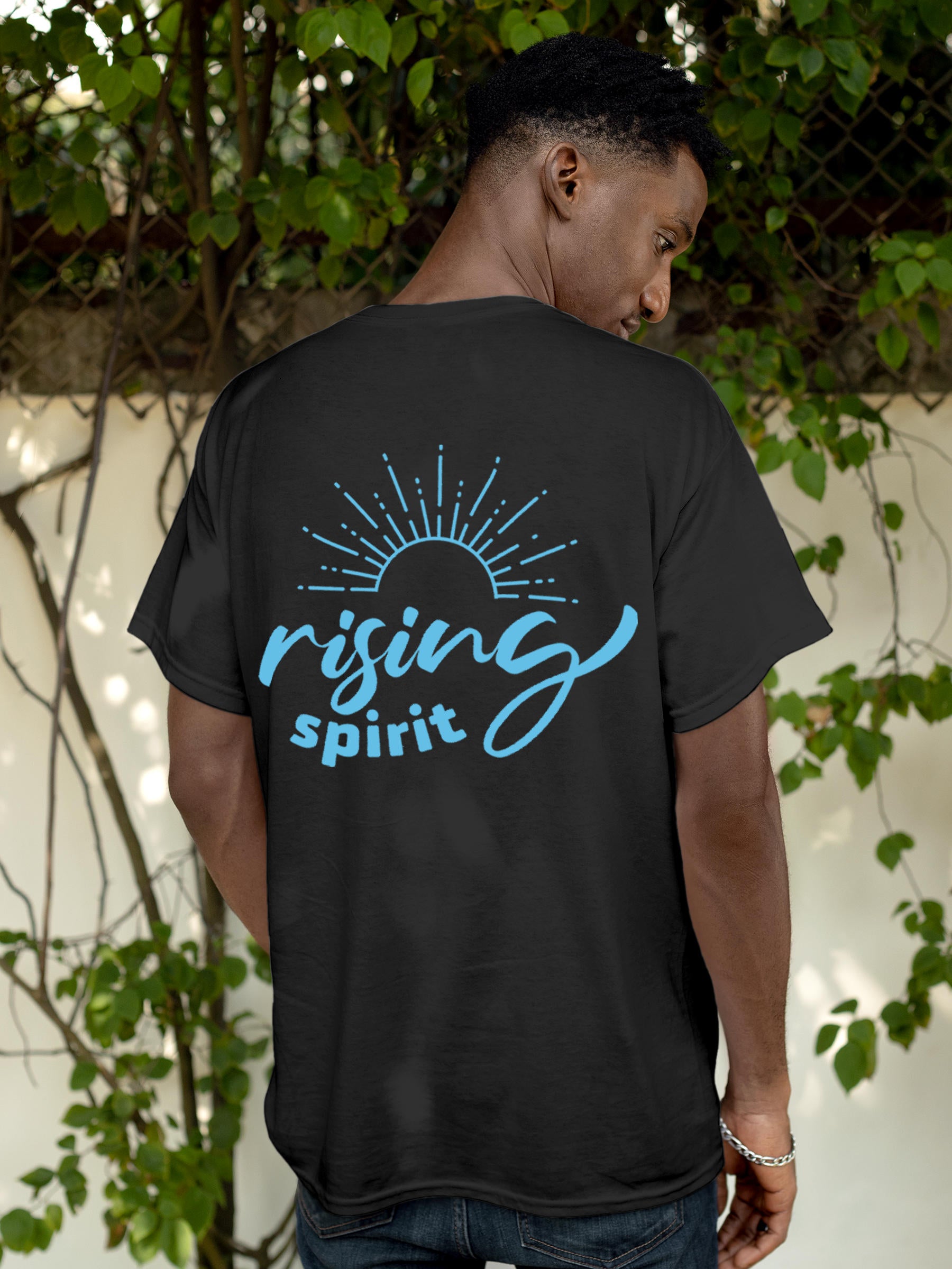 Model wearing Men's Dark Grey Round Neck T-shirt with 'Rising Spirit' design, offering effortless style and premium comfort