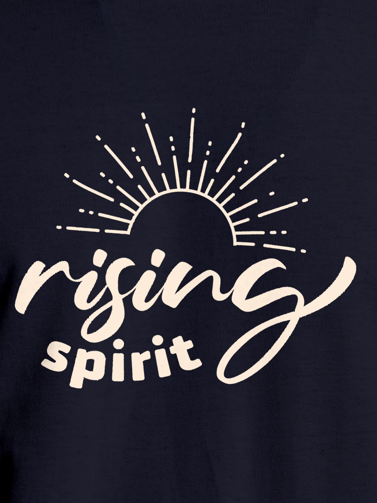 Close up of 'Rising Spirit' design on Men's Navy Blue Round Neck T-shirt, highlighting intricate details and vibrant print.