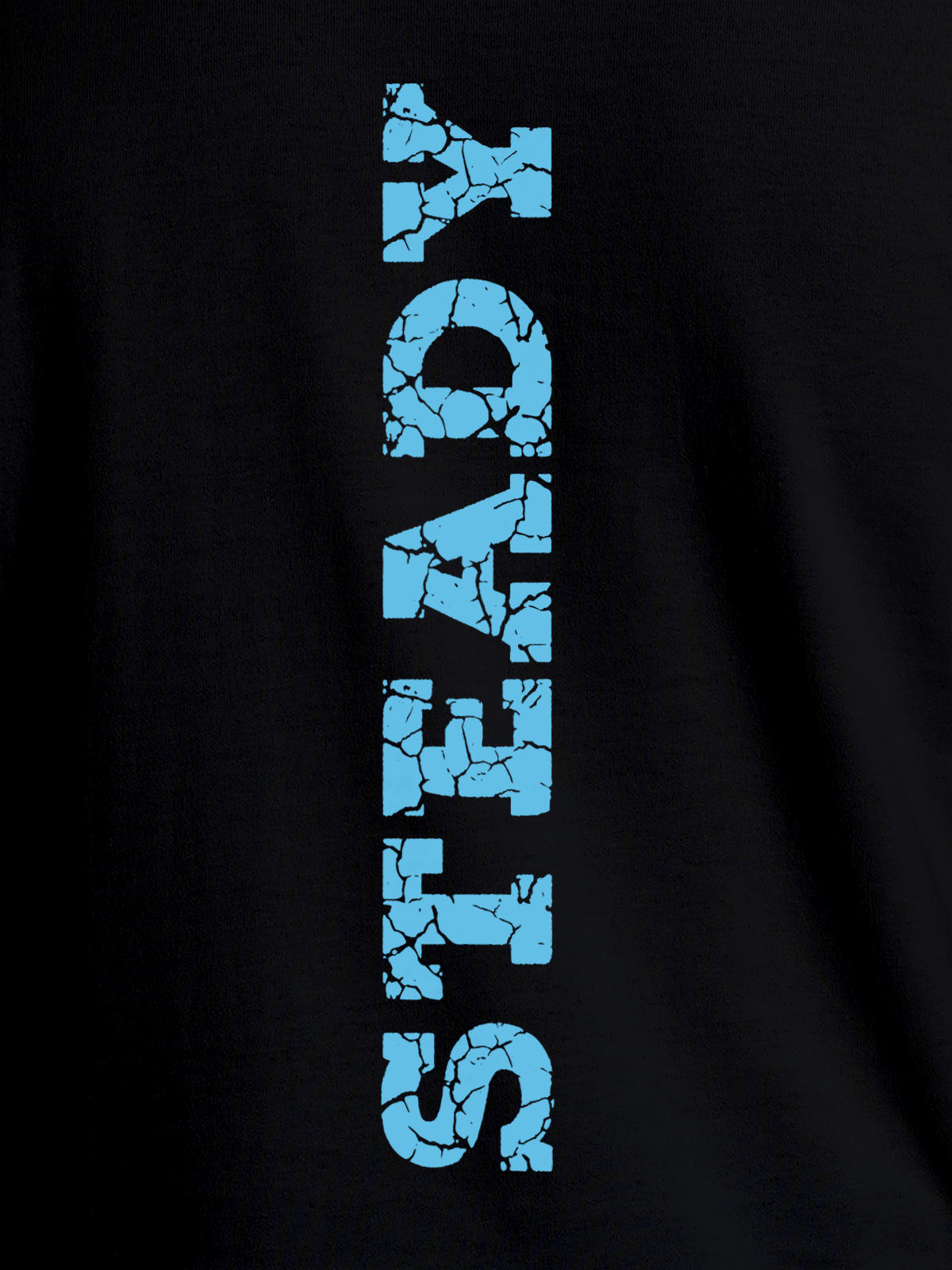 Close up of 'Steady' design on Men's Black Round Neck T-shirt, highlighting intricate details and vibrant print.