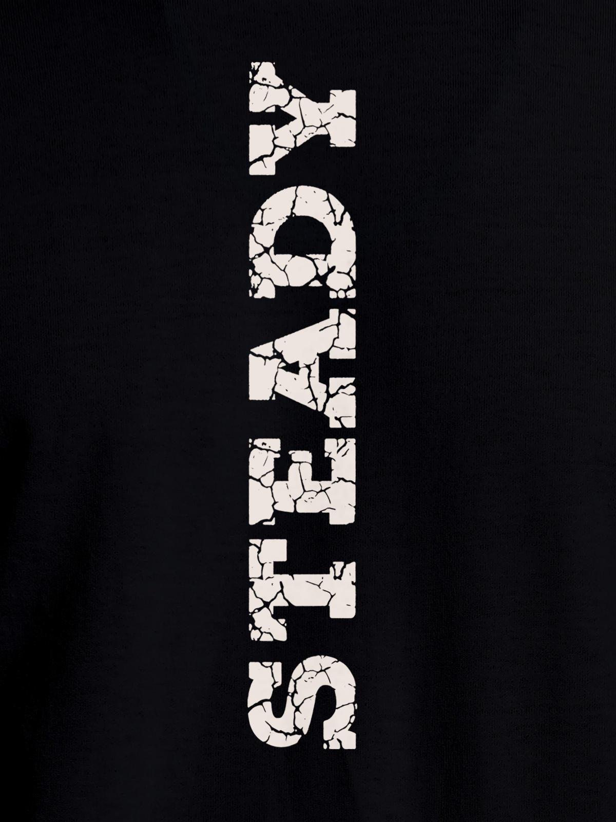 Close up of 'Steady' design on Women's Black Round Neck T-shirt, highlighting intricate details and vibrant print.