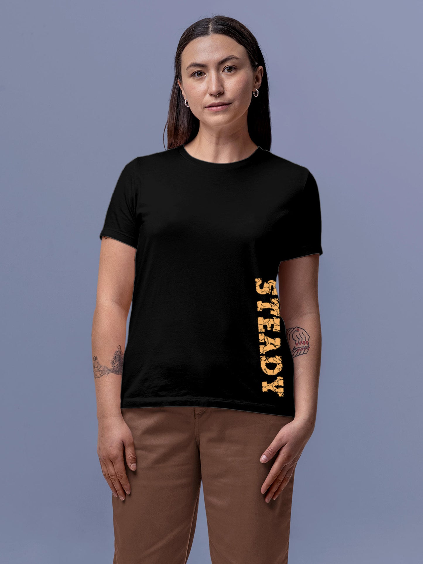 Model wearing Women's Black Round Neck T-shirt with 'Steady' design, offering effortless style and premium comfort