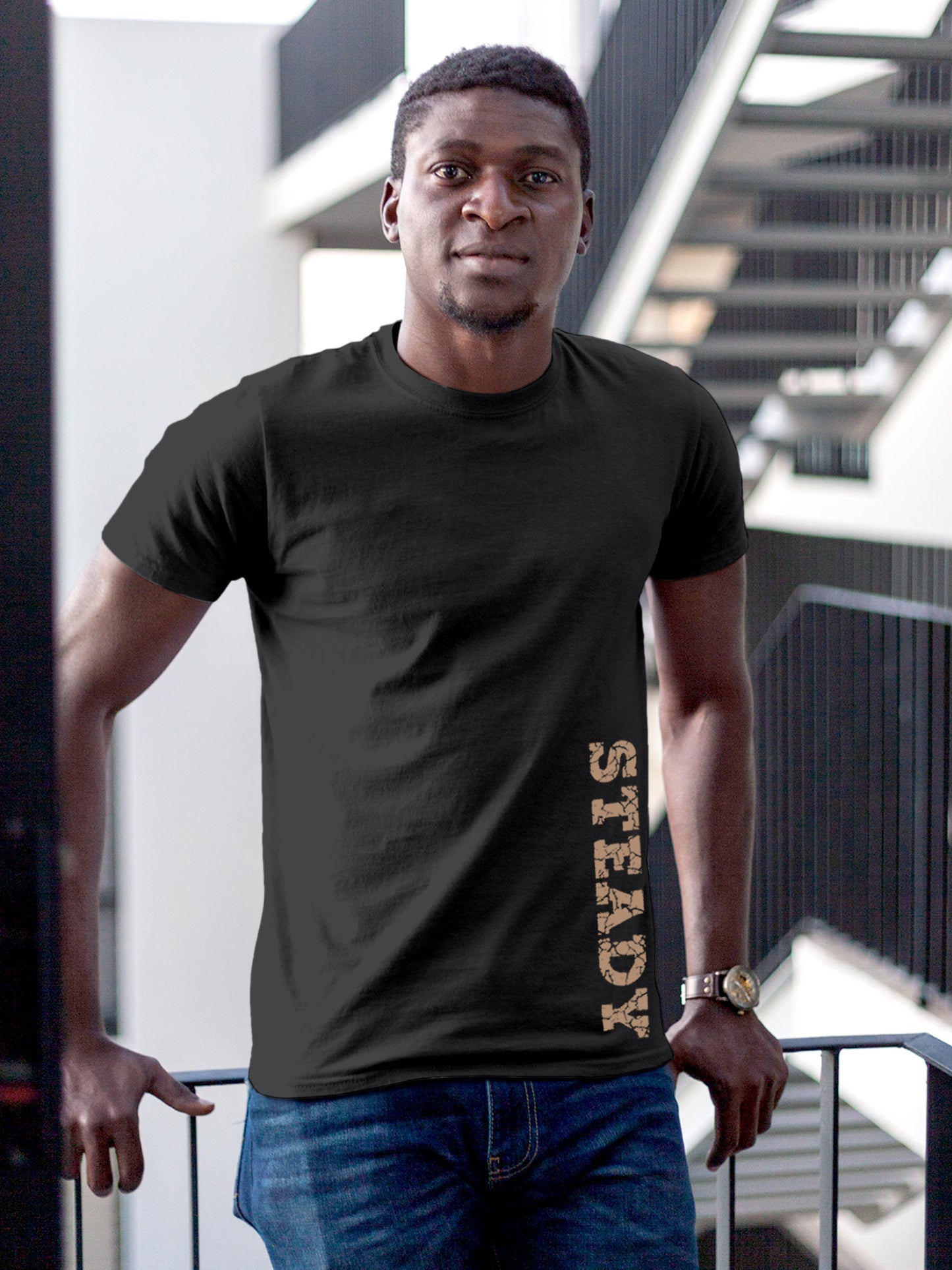 Model wearing Men's Dark Grey Round Neck T-shirt with 'Steady' design, offering effortless style and premium comfort