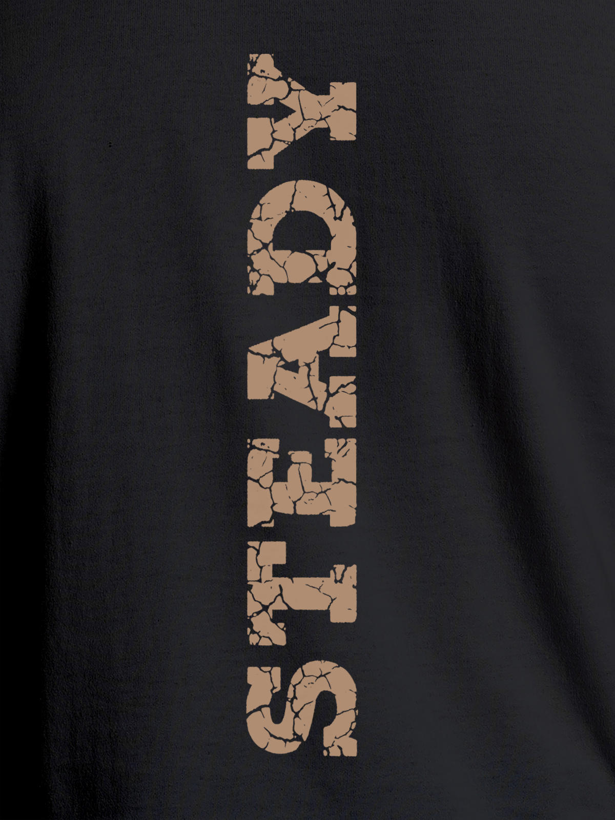 Close up of 'Steady' design on Men's Dark Grey Round Neck T-shirt, highlighting intricate details and vibrant print.