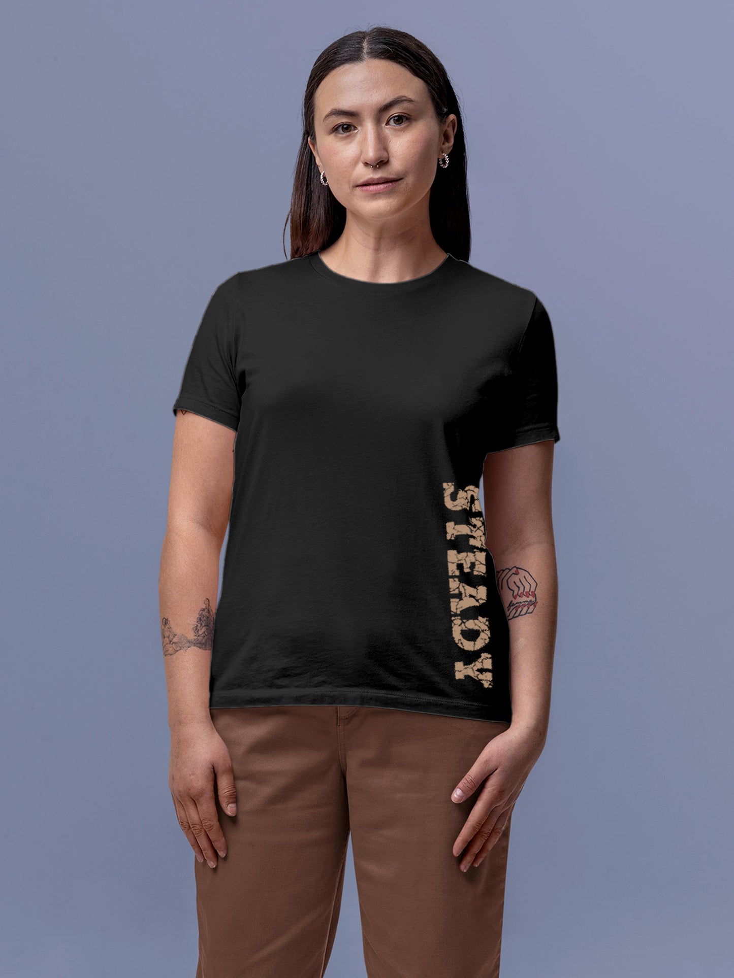 Model wearing Women's Dark Grey Round Neck T-shirt with 'Steady' design, offering effortless style and premium comfort