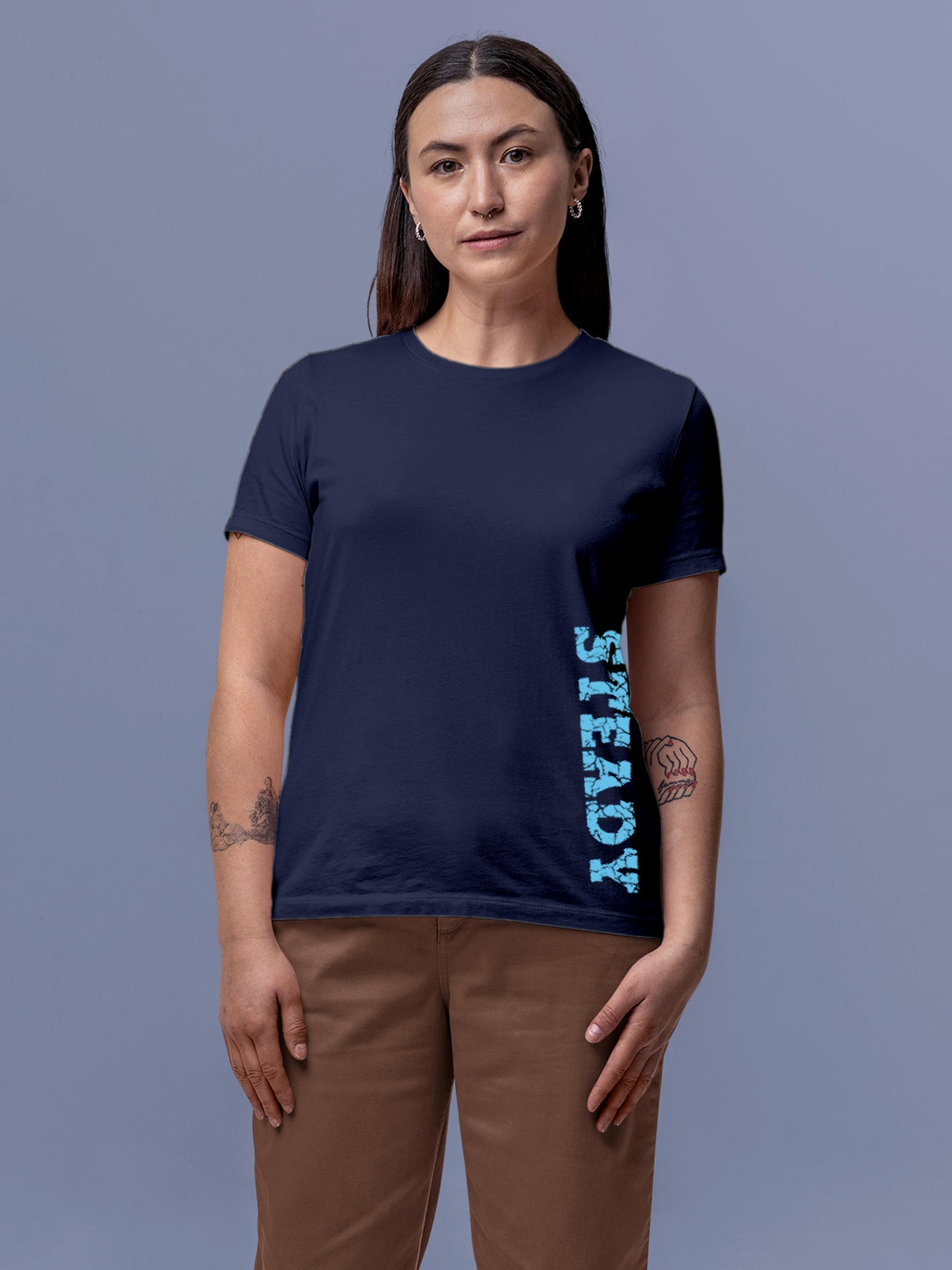 Model wearing Women's Navy Blue Round Neck T-shirt with 'Steady' design, offering effortless style and premium comfort