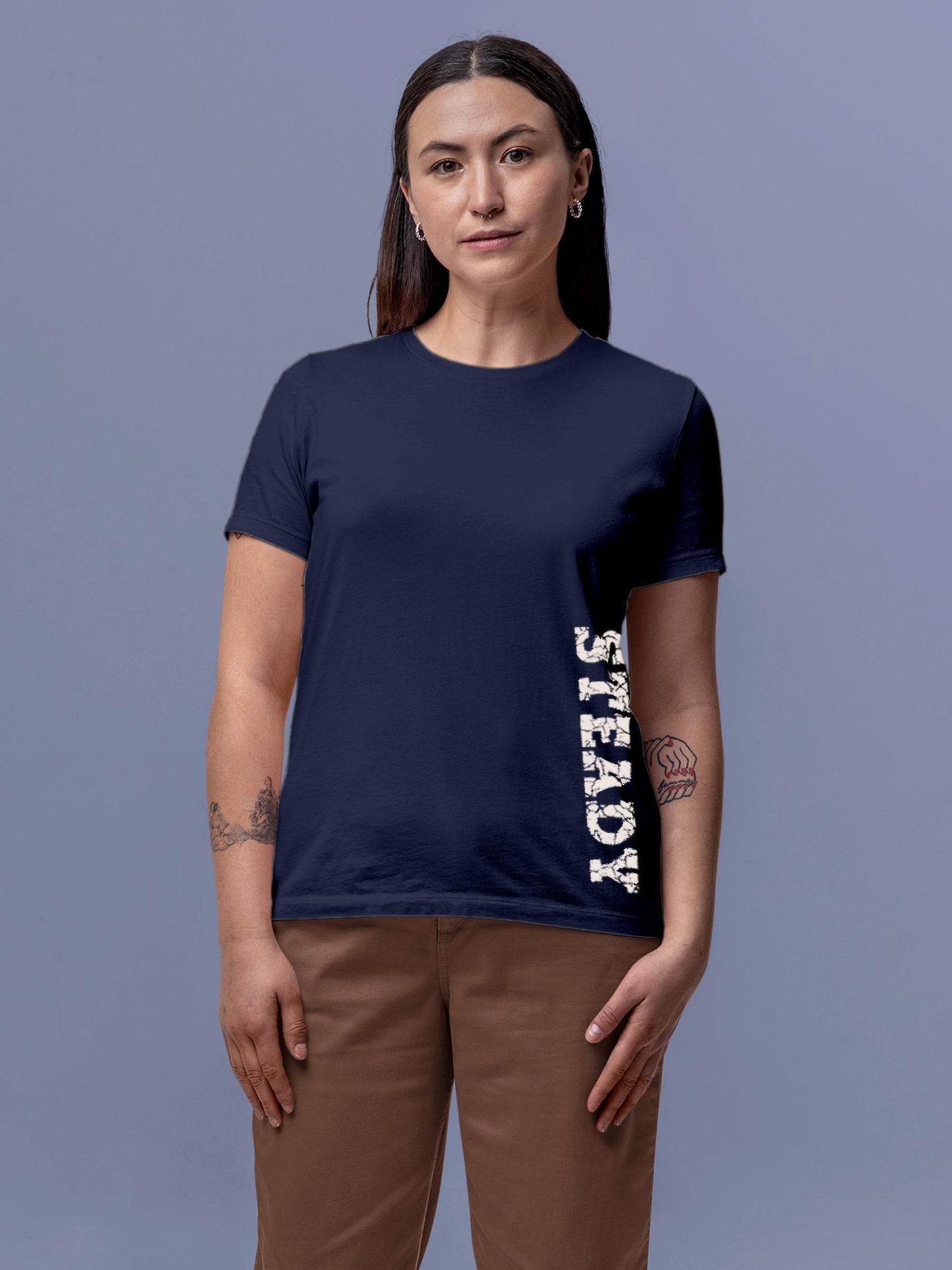 Model wearing Women's Navy Blue Round Neck T-shirt with 'Steady' design, offering effortless style and premium comfort