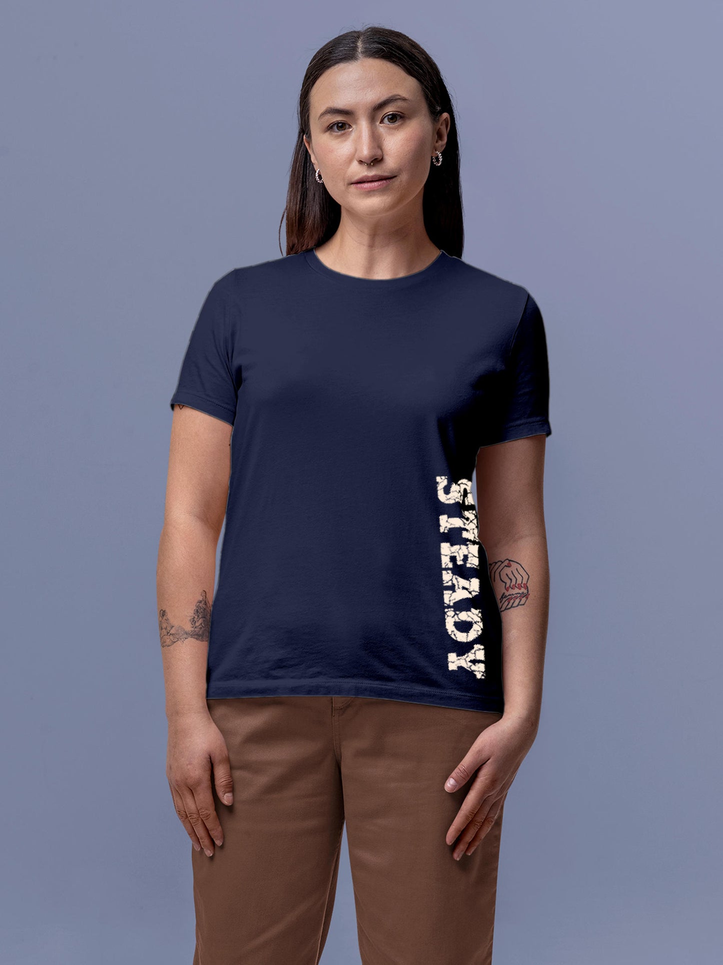 Model wearing Women's Navy Blue Round Neck T-shirt with 'Steady' design, offering effortless style and premium comfort