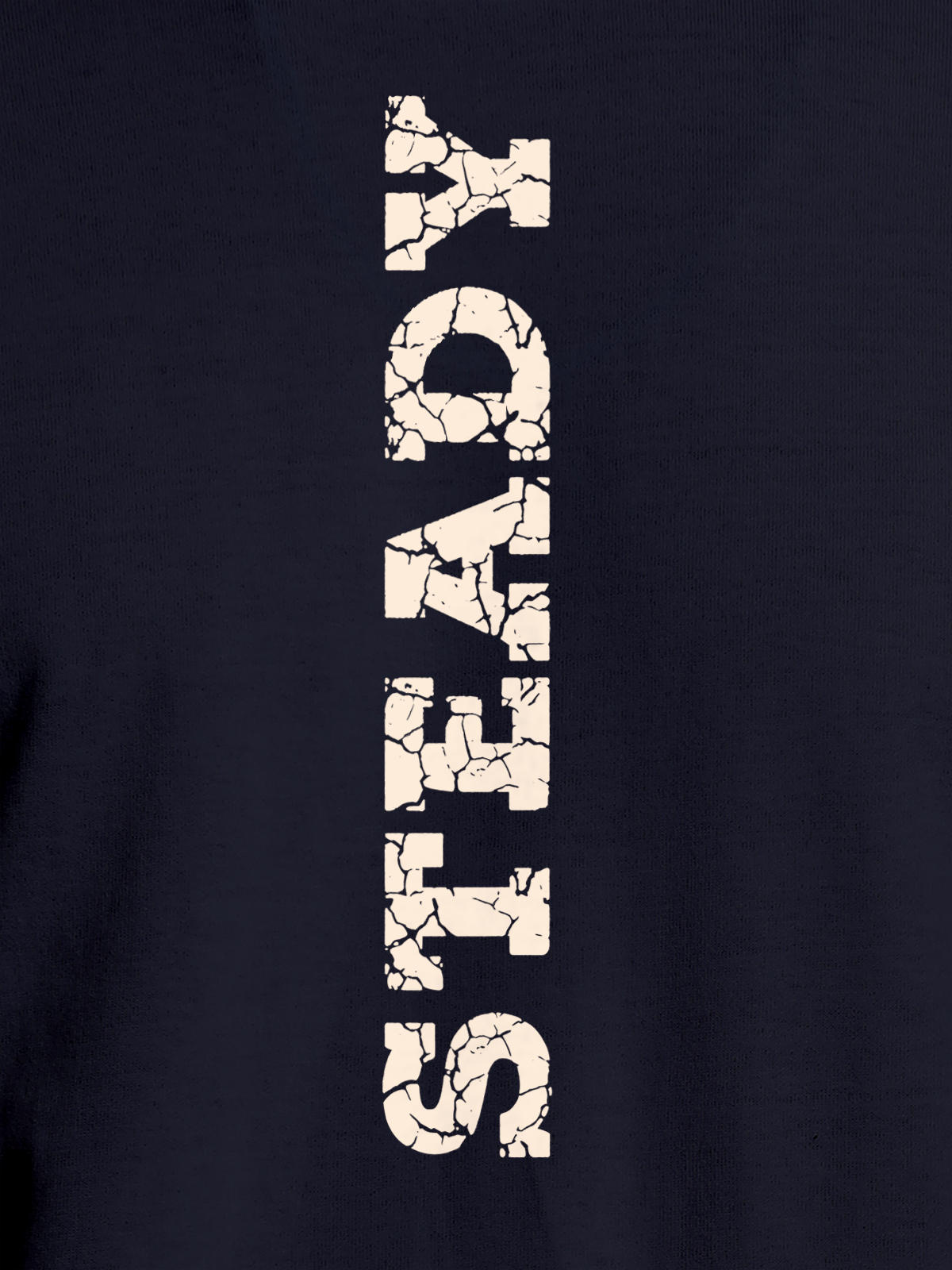 Close up of 'Steady' design on Women's Navy Blue Round Neck T-shirt, highlighting intricate details and vibrant print.
