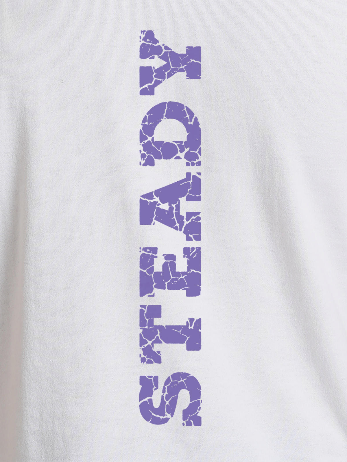 Close up of 'Steady' design on Men's White Round Neck T-shirt, highlighting intricate details and vibrant print.