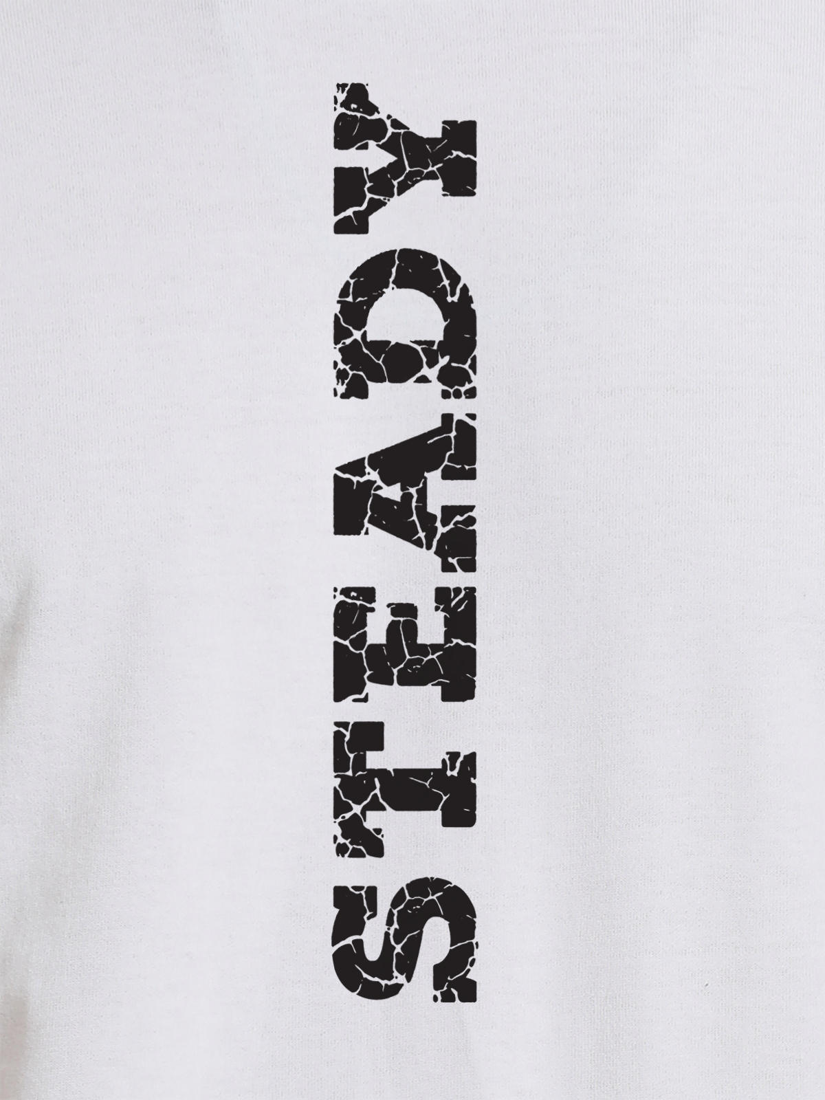Close up of 'Steady' design on Women's White Round Neck T-shirt, highlighting intricate details and vibrant print.