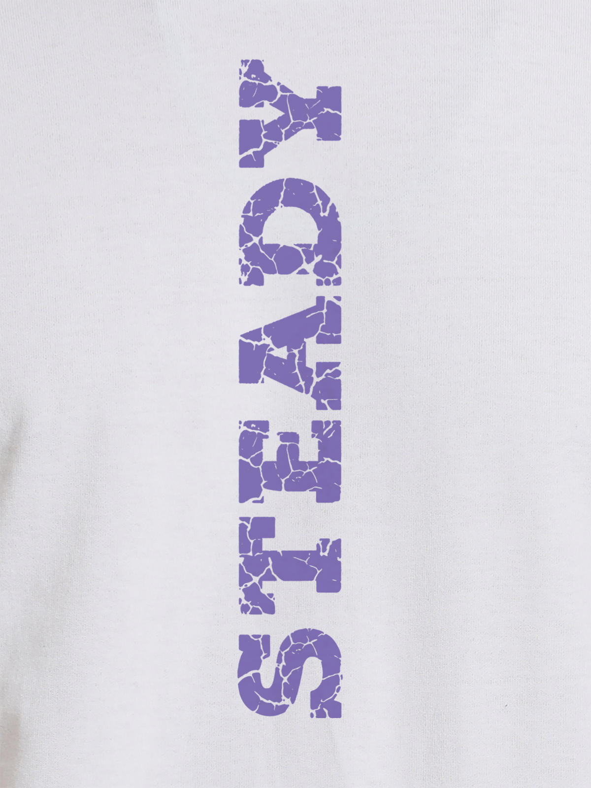 Close up of 'Steady' design on Women's White Round Neck T-shirt, highlighting intricate details and vibrant print.