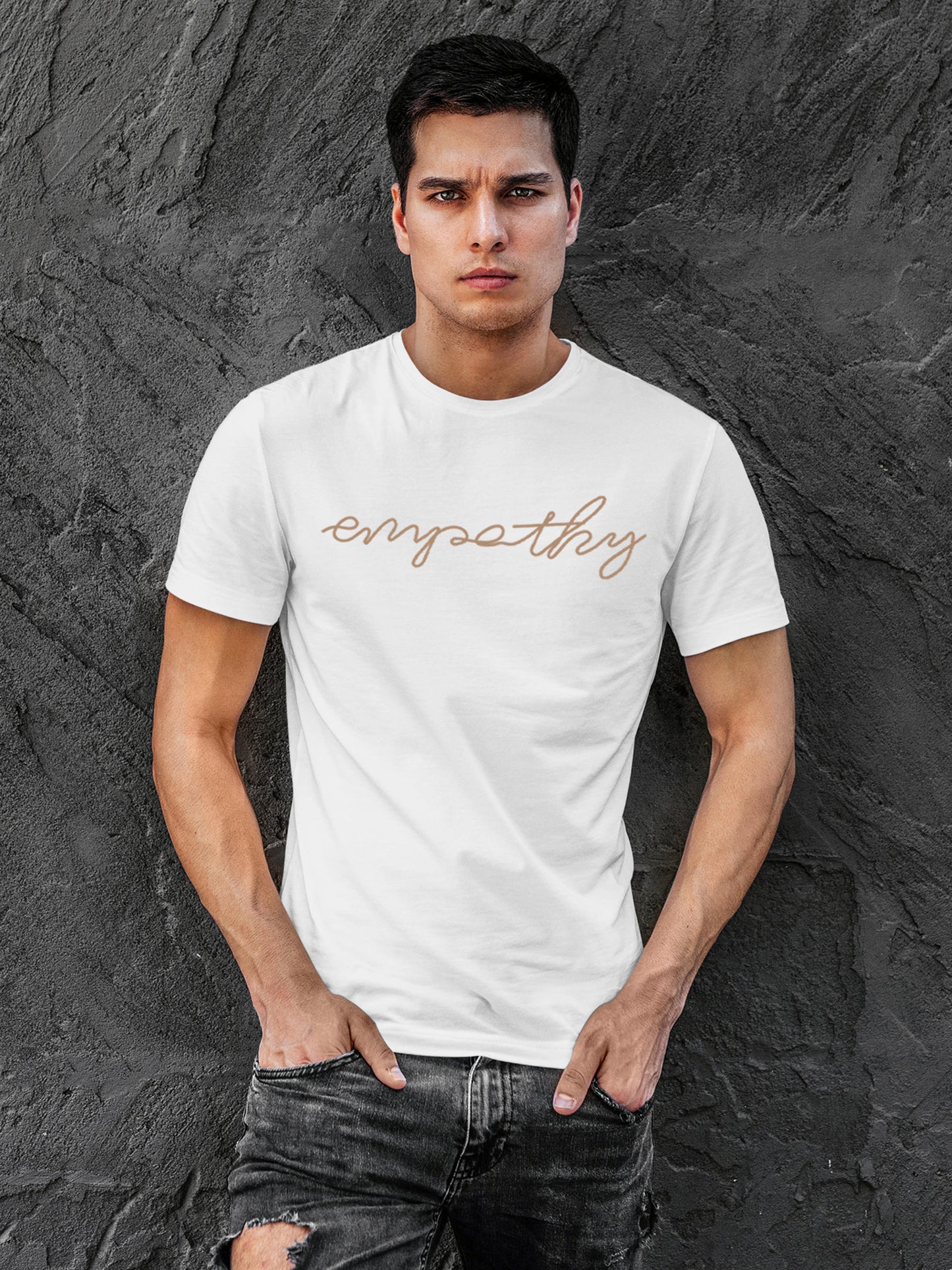 Model wearing Men's White Round Neck T-shirt with 'Empathy' design, offering effortless style and premium comfort