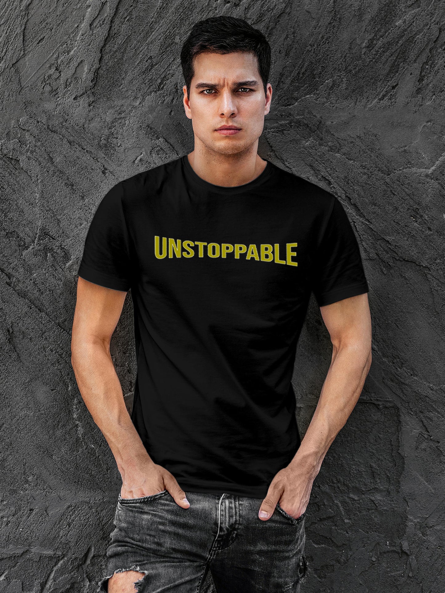 Model wearing Men's Black Round Neck T-shirt with 'Unstoppable' design, offering effortless style and premium comfort